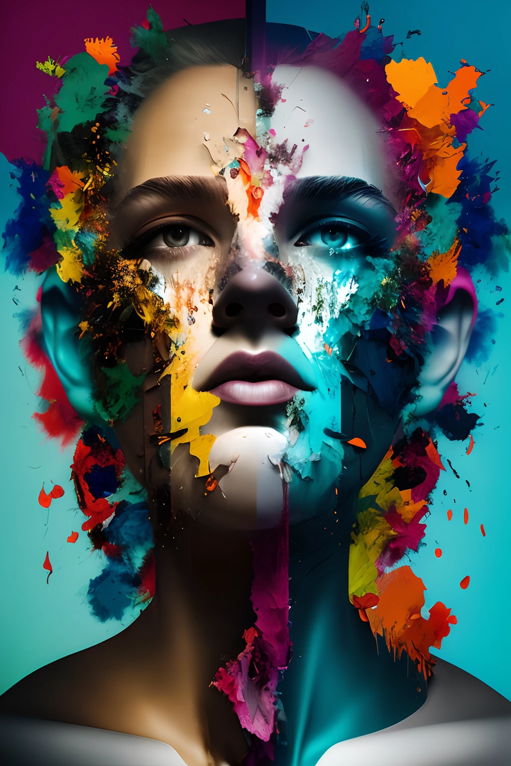 Centered image that explores the duality of human nature by depicting a figure disintegrating into a variety of contrasting shapes and colors, conveying a sense of internal conflict.
