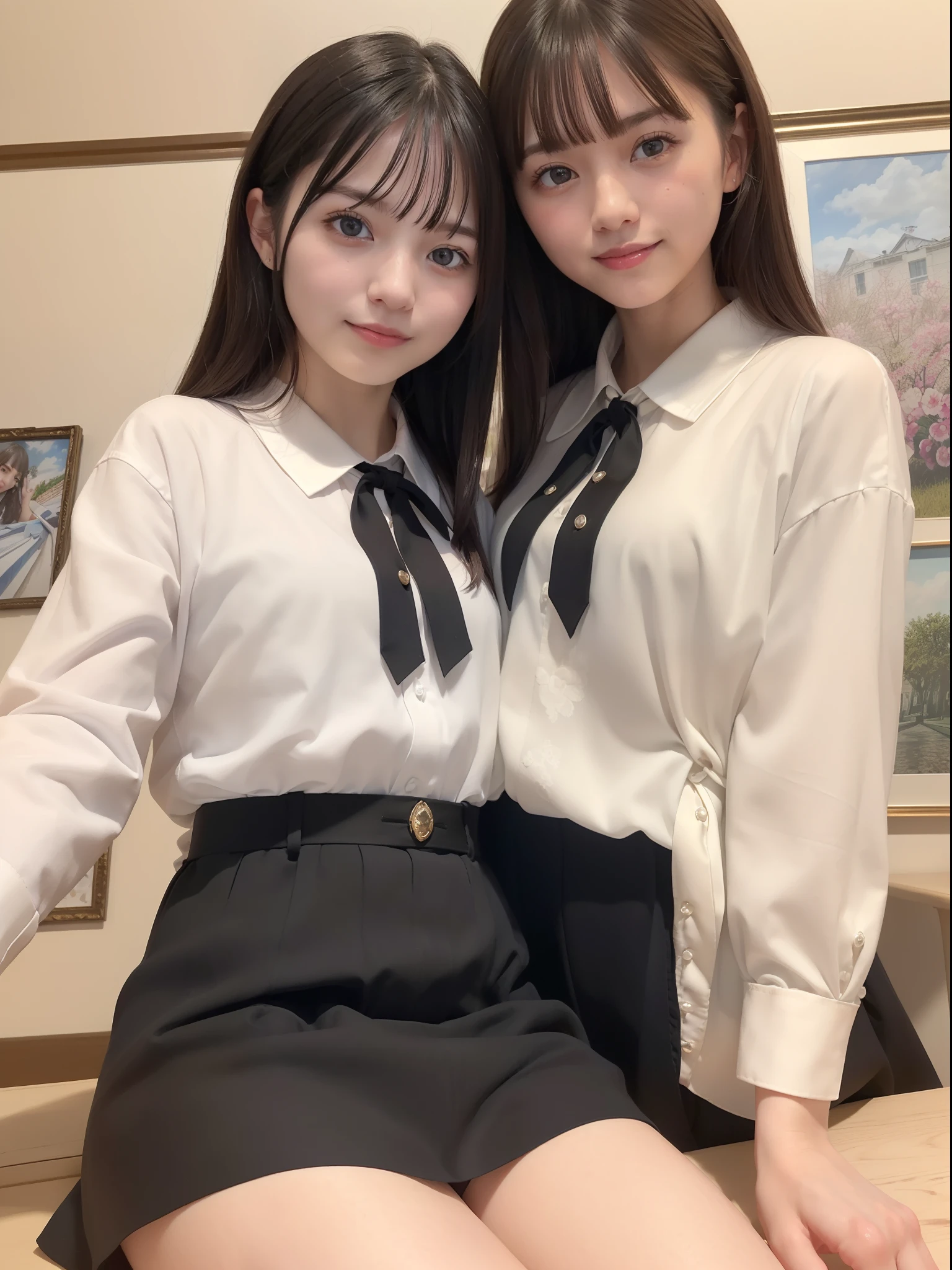 (8K、top-quality、masterpiece:1.2)、(realisitic、Photorealsitic:1.37)、ultra-detailliert、1womanl、 20yr old、独奏、((Beautiful ribbons))、(((A dark-haired)))、(a smile:1.15)、beautiful finely detailed eyes、(shirt with collar:1.1)、business clothes、(short-hair:1.2)、 (((Art Room)))、 picture frame