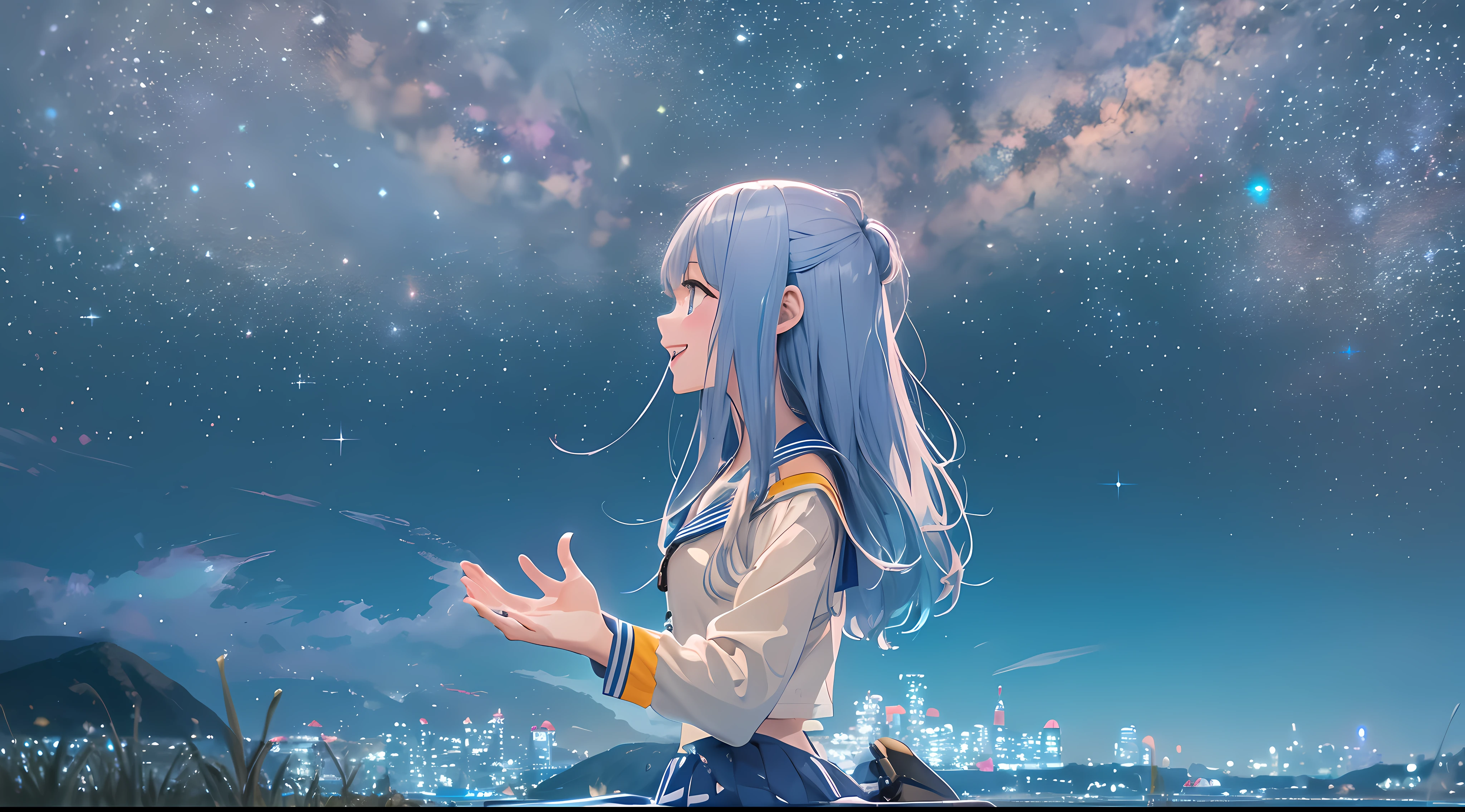 absurderes, hight resolution, (Spectacular views:1.1)
break
One girl standing (lake:0.5), Starry sky, (Night:1.3) skyporn, Detailed night sky, (Happy smile:1.2), The background is (nigh sky), Open mouth, Looking at Viewer, (fullllbody:1.2), (From Side:1.2), diffuse reflection, (far away light:0.2), open arms, (Open hands:1.3), (Milky way:0.7)
break
14 year old loli, Blue eyes, (pale-blue) Long straight hair, (Blue Sailor One Piece:1.2), Long sleeve, Blue (Long skirt:1.3)
BREAK