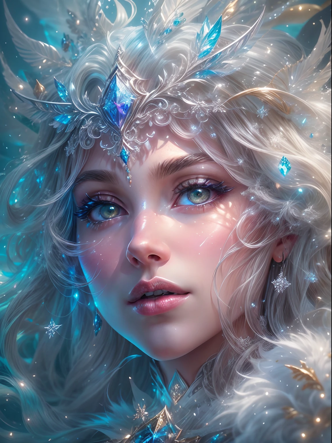 Generate a pretty and realistic fantasy artwork with bold jewel-toned hues, pretty glitter and shimmer, and lots of snowflakes. Generate a luminous and petite woman with curly hair, metallic hair, and realistically textured hair. Her skin is pure white and seems to glow in the light. The woman's face is important: include soft, puffy lips, elegant features, and the most beautiful detailed eyes in the world. The woman is in a winter landscape with soft falling snow and snowflakes, soft white fur, subtle iridescent details, subtle phantasmal iridescent details, and intricate and delicate jewelry that glimmers in the light. Include many small fantasy details like gossamer silk, feathers, delicate and stunning embroidery, and luminous lighting that glimmers. The woman's face is unobscured by details and her eyes are sharp and in high resolution. Incorporate dreamy colors, dynamic lighting, and detailed background elements to create a sense of awe and immersion. Include colorful flying magical birds and jewel-toned butterflies radiating a magical aura. Consider the latest trends in fantasy art, such as incorporating unique lighting effects, exploring dynamic and compelling composition techniques, and experimenting with unique color palettes. Take inspiration from the top artists on ArtStation and Midjourney. Camera: Choose an angle that highlights the character's beauty and enhances the magical majesty of the artwork. Lighting: Utilize atmospheric lighting techniques to create depth and mood. Resolution: Aim for a high-resolution artwork to showcase intricate details and clarity. Art Inspirations: Seek inspiration from the trending artists on ArtStation, exploring different styles, genres, and themes. white skin, pale skin, really pale skin, really white skin, beautiful eyes, fantasy details, shimmer, glimmer, magical birds, magical butterflies, ornate, (((masterpiece))), add_detail:1, earth \(planet\),