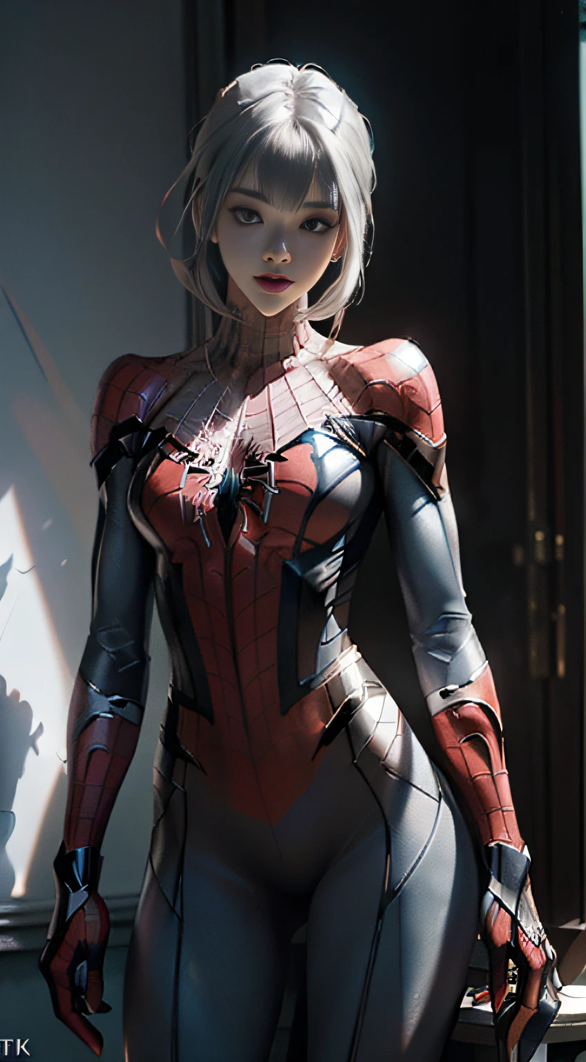 (Extreme Detail CG Unity 8K Wallpapers，tmasterpiece，Highest image quality)，(Delicate light and shadow，The picture is highly dramatic，Cinematic lens effect)，A girl in a white Spider-Man costume，Silver-gray hair color，From the Spider-Man parallel universe，Wenger，Marvel，Spidey，The entire figure is shown in the painting，dynamicposes)，(Exceptional detail，The lighting effect is outstanding，Vista wide angle)，(Excellent rendering，Enough to stand out from the crowd)，The focus is on the white Spider-Man costume，Complex spider textures，in a panoramic view，full bodyesbian，high-heels