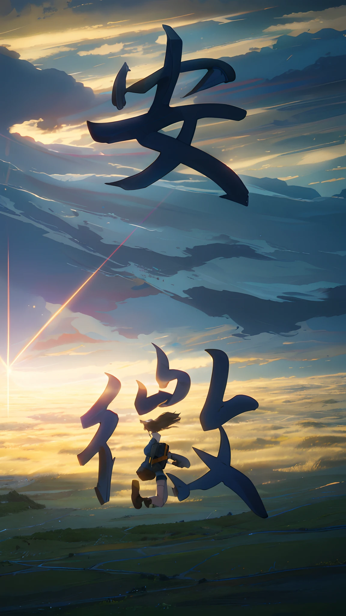 The vast sky, beautiful skyline, large grasslands, extremely tense and dramatic pictures, moving visual effects, the high-hanging Polaris, and colorful natural light. A girl with a long-sleeved top, denim shorts, and a backpack on her back. There are Russian buildings on the ground not far away.