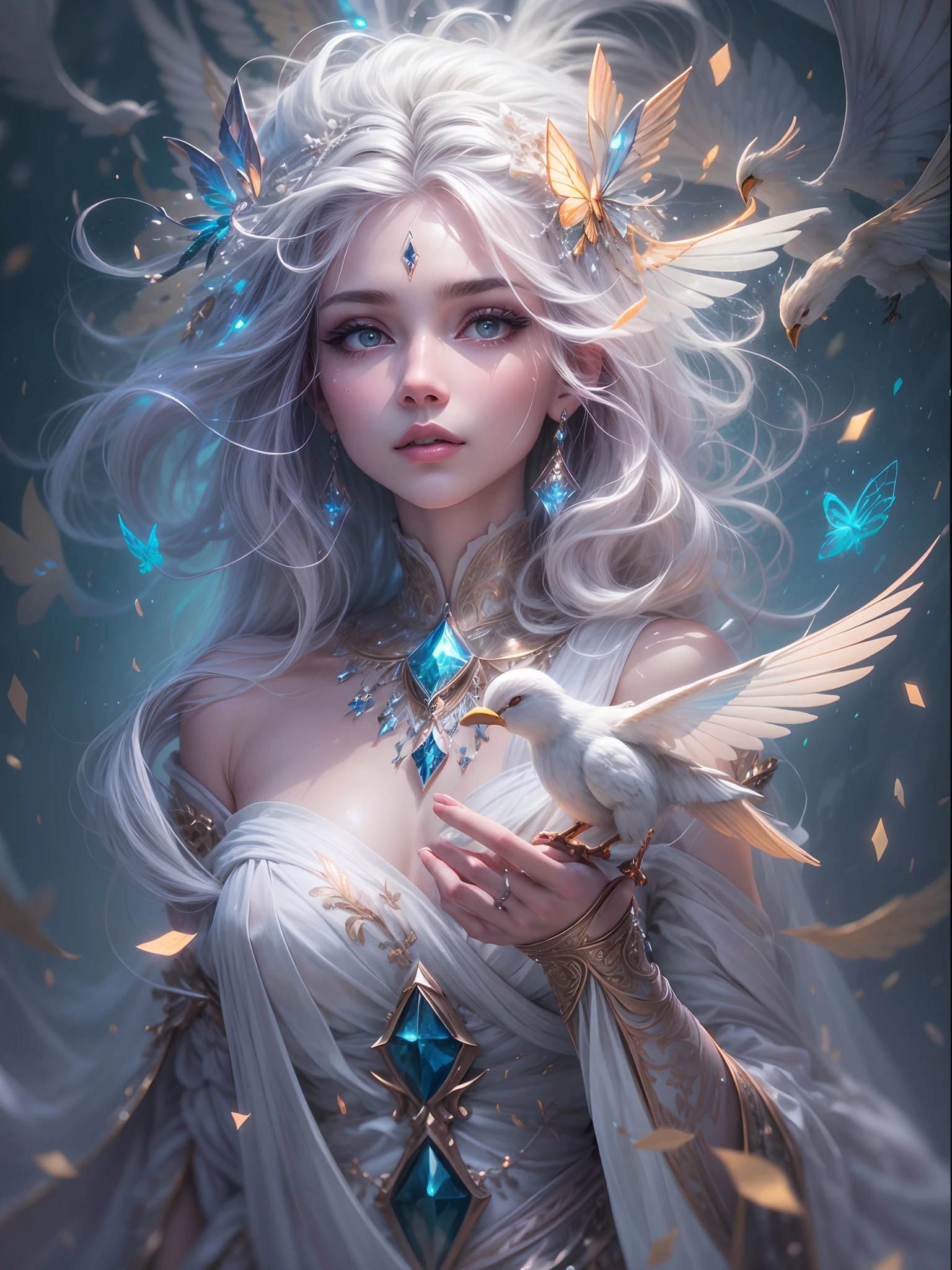 Generate a pretty and realistic fantasy artwork with bold jewel-toned hues, pretty glitter and shimmer, and lots of snowflakes. Generate a luminous and petite woman with curly hair, metallic hair, and realistically textured hair. Her skin is pure white and seems to glow in the light. The woman's face is important: include soft, puffy lips, elegant features, and the most beautiful detailed eyes in the world. The woman is in a winter landscape with soft falling snow and snowflakes, soft white fur, subtle iridescent details, subtle phantasmal iridescent details, and intricate and delicate jewelry that glimmers in the light. Include many small fantasy details like gossamer silk, feathers, delicate and stunning embroidery, and luminous lighting that glimmers. The woman's face is unobscured by details and her eyes are sharp and in high resolution. Incorporate dreamy colors, dynamic lighting, and detailed background elements to create a sense of awe and immersion. Include colorful flying magical birds and jewel-toned butterflies radiating a magical aura. Consider the latest trends in fantasy art, such as incorporating unique lighting effects, exploring dynamic and compelling composition techniques, and experimenting with unique color palettes. Take inspiration from the top artists on ArtStation and Midjourney. Camera: Choose an angle that highlights the character's beauty and enhances the magical majesty of the artwork. Lighting: Utilize atmospheric lighting techniques to create depth and mood. Resolution: Aim for a high-resolution artwork to showcase intricate details and clarity. Art Inspirations: Seek inspiration from the trending artists on ArtStation, exploring different styles, genres, and themes. white skin, pale skin, really pale skin, really white skin, beautiful eyes, fantasy details, shimmer, glimmer, magical birds, magical butterflies, ornate, (((masterpiece))), add_detail:1, earth \(planet\),