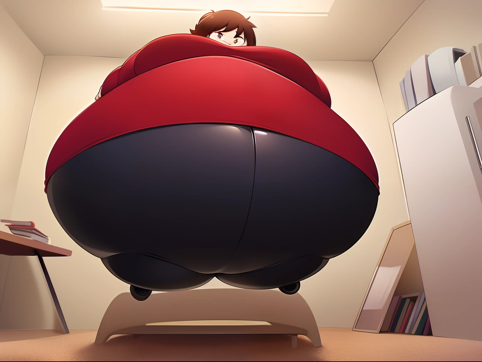 ((masterpiece, best quality)),(complex light), solo, solo focus, 1boy, red shirt, black pants, shaggy brown hair, skinny, cartoony, room, spherical inflation, full body inflation