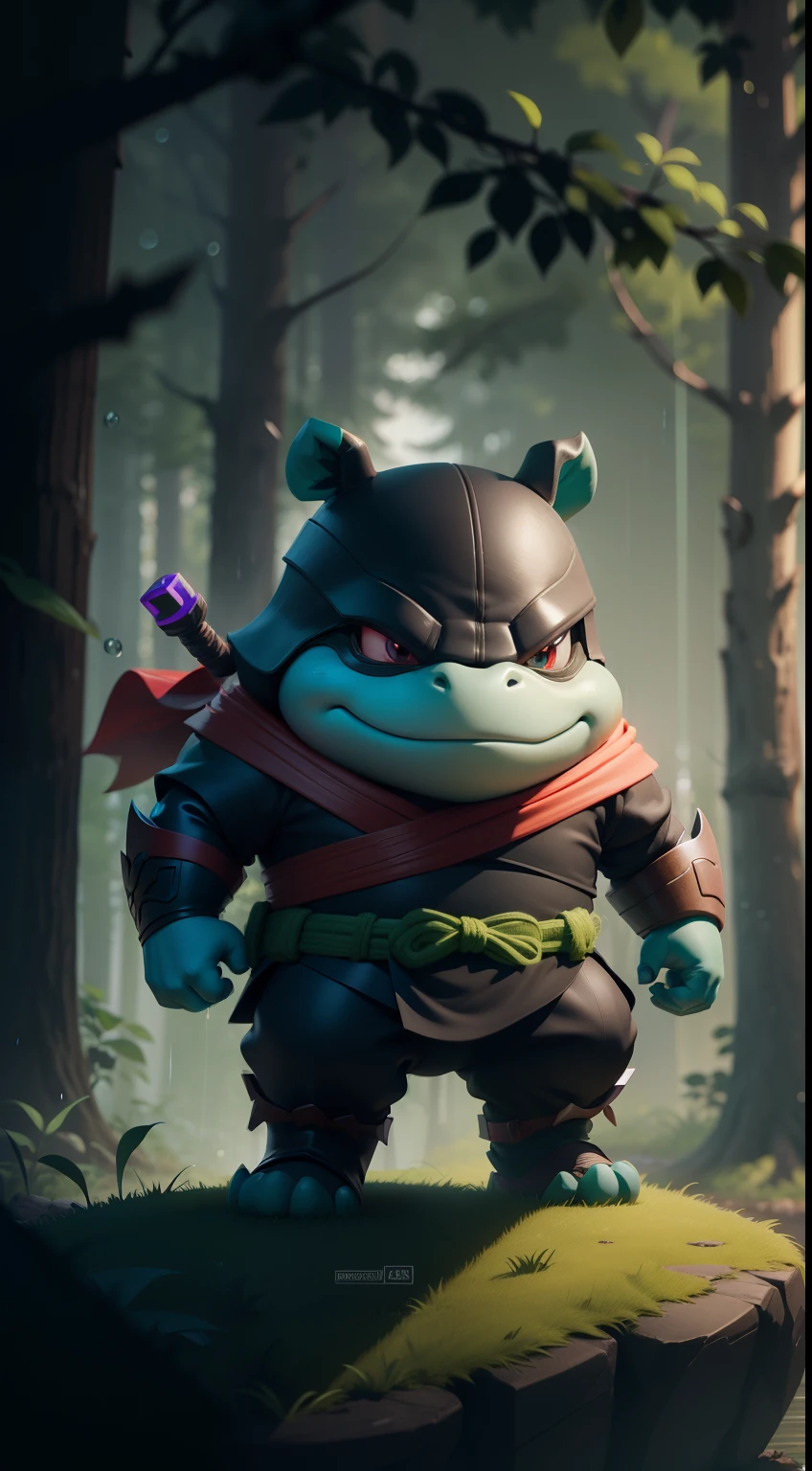 Create a vibrant dark fantasy cute ninja turtle in a clean-lined minimalistic cartoon style, in the background a beautiful forest, rain, octane render, 8k