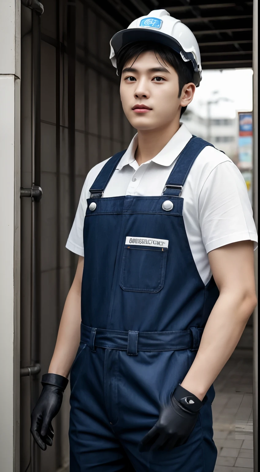 oppav3， （tmasterpiece， hyper qualit， A high resolution， 8K， 复杂： 1.2）， （Detailed face：1.2）， Detailed skins， pores，20-year-old plumber,Wear a white hard hat,The expression is serious,Wearing navy overalls and leather gloves,Handheld a large wrench,Behind it is a newly built wall and drainage pipes。
