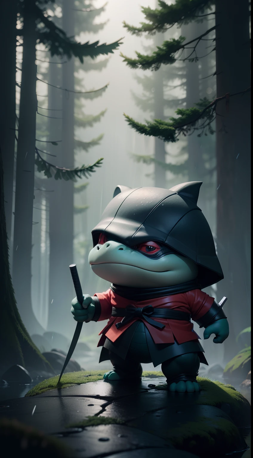 Create a vibrant dark fantasy cute ninja turtle in a clean-lined minimalistic cartoon style, in the background a beautiful forest, rain, octane render, 8k