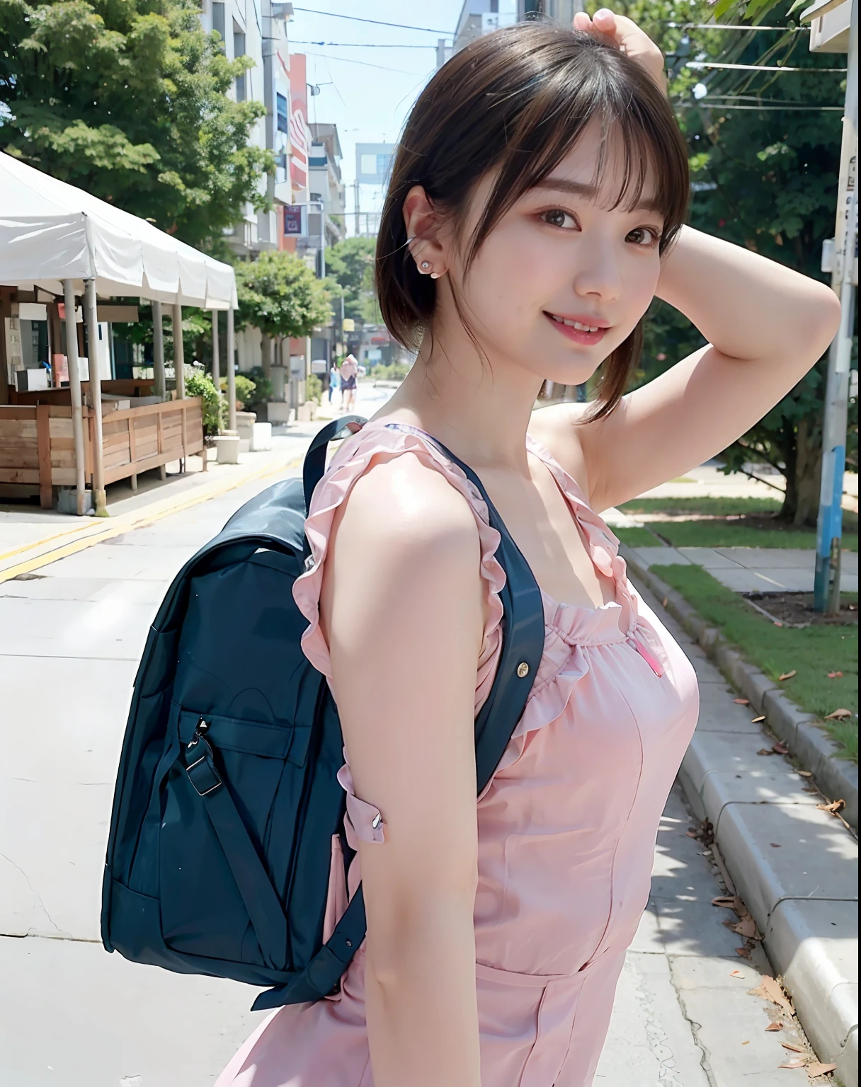 a woman posing on the street corner with light blue dress on, best quality, 1girl, large breasts, day, bright, blur background, bokeh, outdoor, (street:0.8), (people, crowds:1), (lace-trimmed dress:1.5, sleeveless dress, pink clothes, pinkhigh-neck dress:1.2, pink dress: 1.5), gorgeous, (short hair, forehead:1.2), beautiful detailed sky, earrings, (dynamic pose:1.2), (upper body:0.8), soft lighting, wind, shiny skin, smile,wearing randoseru backpack, side view, (randoseru backpack:1.0)