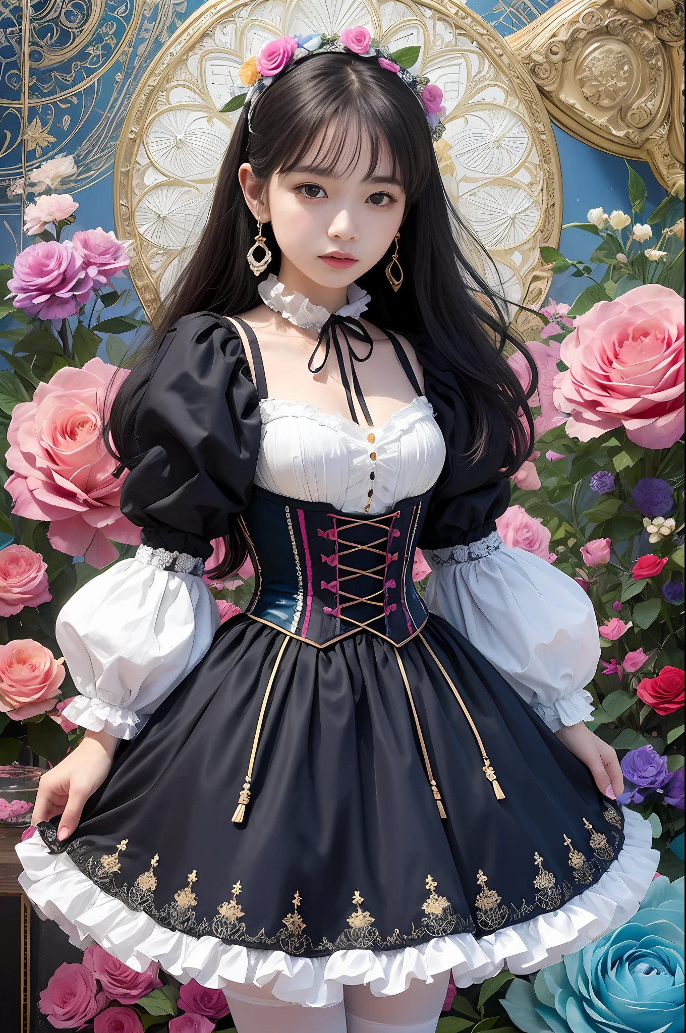 (masterpiece、top-quality、top-quality、Official art、Beautifully Aesthetic:1.2)、(One girl:1.3)、A highly detailed、(Fractal Art:1.1)、(colourfull:1.1)(florals:1.3)、The most detailed、(Zentangle:1.2)、full body Esbian、(Blue sky and rose garden:1.3)、(shinny skin)、(Many colors:1.4)、、(耳Nipple Ring)、(pluma:1.5)、masterpiece、top-quality、top-quality、Official art、Beautifully Aesthetic:1.2)、(1girl in)、ighly detailed、(Fractal Art:1.3)、colourfull、highestdetailed、long、A dark-haired、big eye、Women in Japan、(Ruffle frills, Chiffon Lace Ribbon Suspenders, (Stripe Design Pastel Coloring Dress), Big Ribbon Headband, Open Colorborn, puff sleeves, Tied thin ribbon corset, Balloon skirt, White Net Tights, Colorful star-shaped bead accessories)、Cute table、Drinking tea、Tea、teapot、macaroons