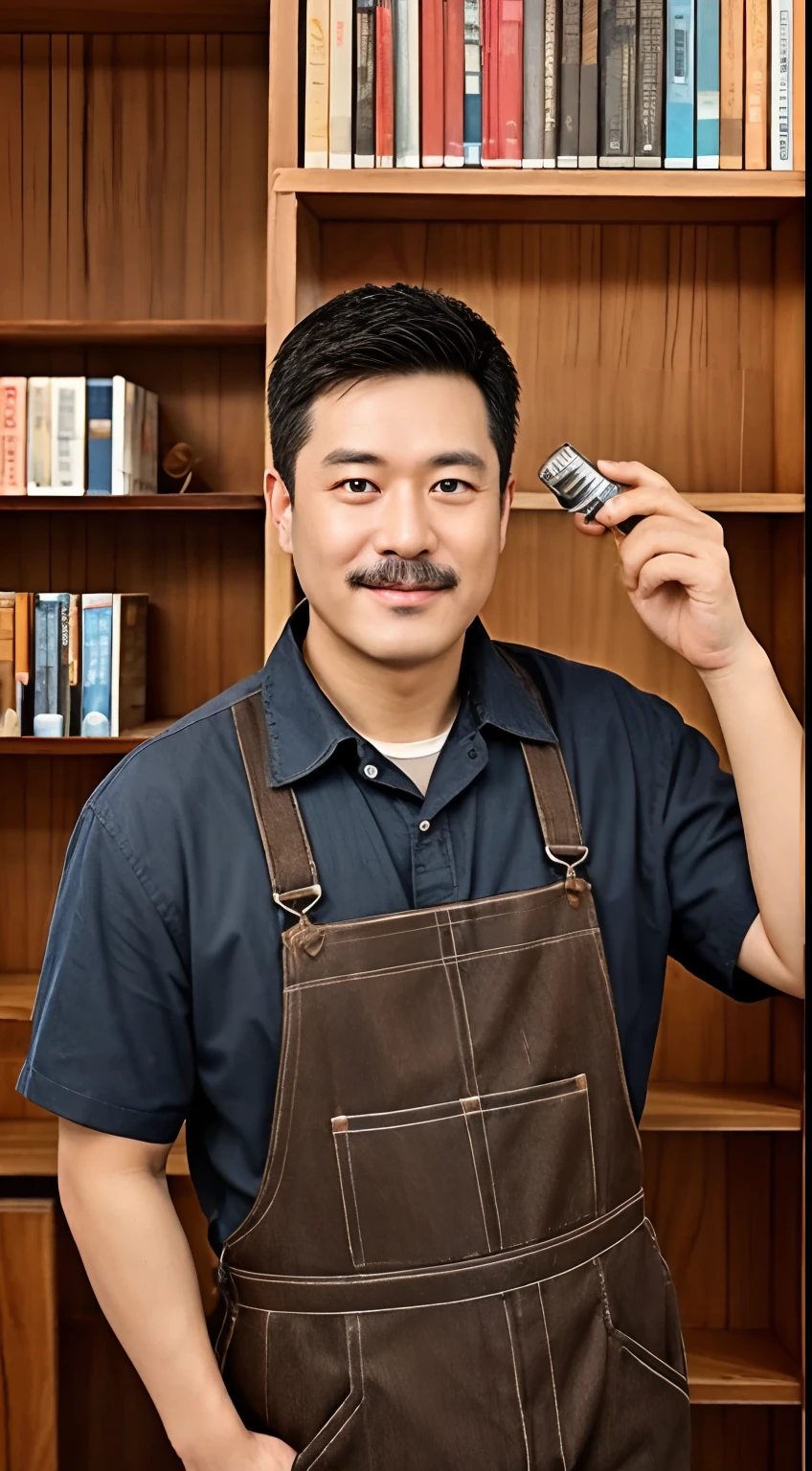 40-year-old carpenter,Grow a mustache,Wearing brown overalls,Electric drill in hand,Behind it is a half-finished wooden bookshelf on the wall。