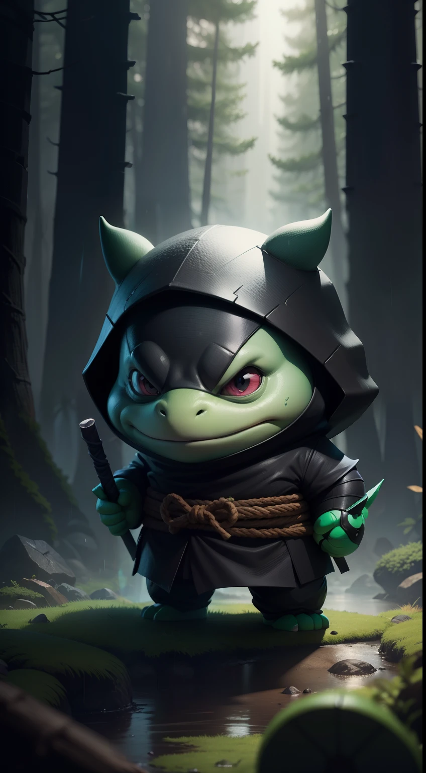 Create a vibrant dark fantasy cute ninja turtle in a clean-lined minimalistic cartoon style, in the background a beautiful forest, rain, octane render, 8k