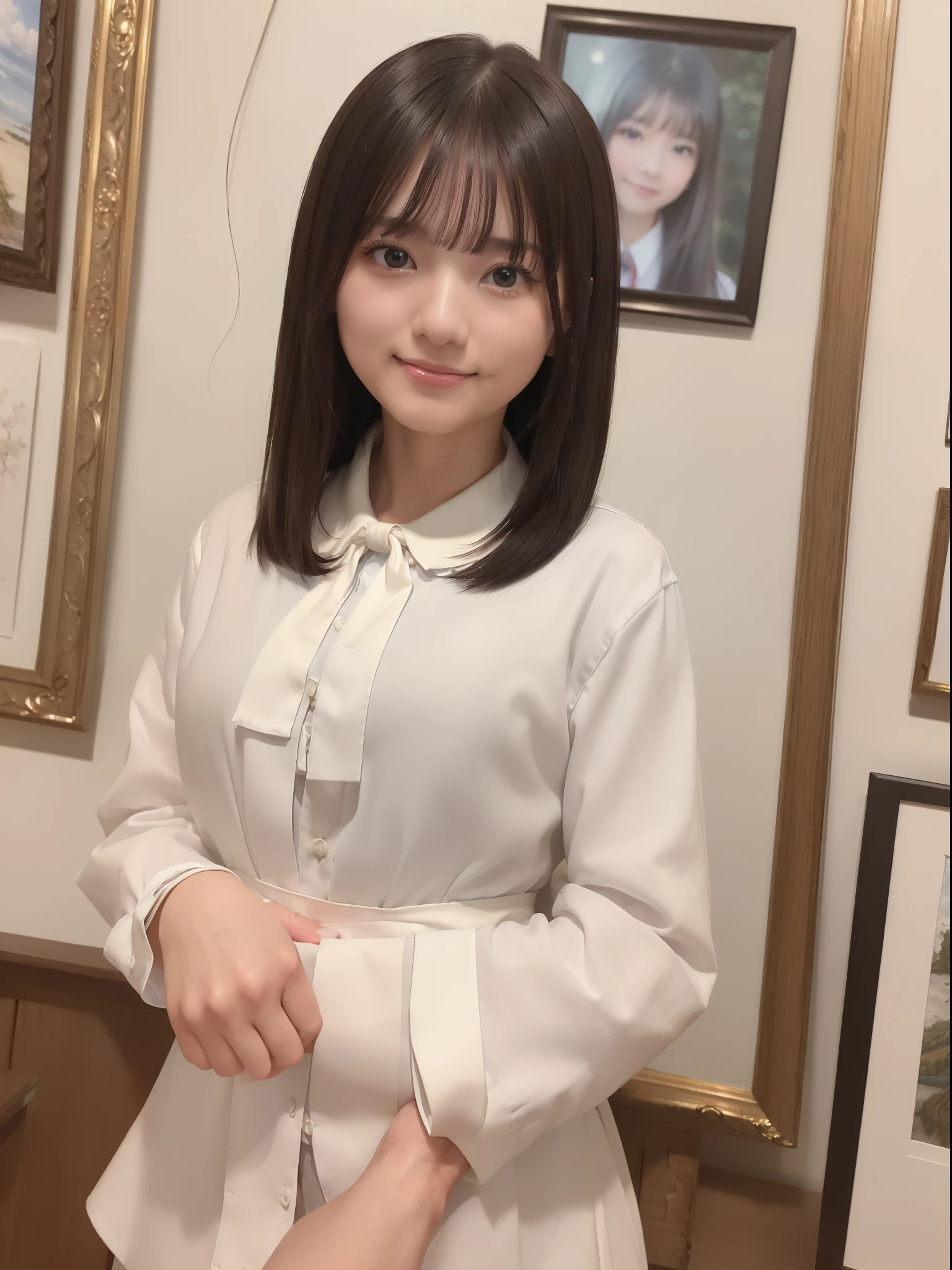 (8K、top-quality、masterpiece:1.2)、(realisitic、Photorealsitic:1.37)、ultra-detailliert、1womanl、 20yr old、独奏、((Beautiful ribbons))、(((A dark-haired)))、(a smile:1.15)、beautiful finely detailed eyes、(shirt with collar:1.1)、business clothes、(short-hair:1.2)、 (((Art Room)))、 picture frame