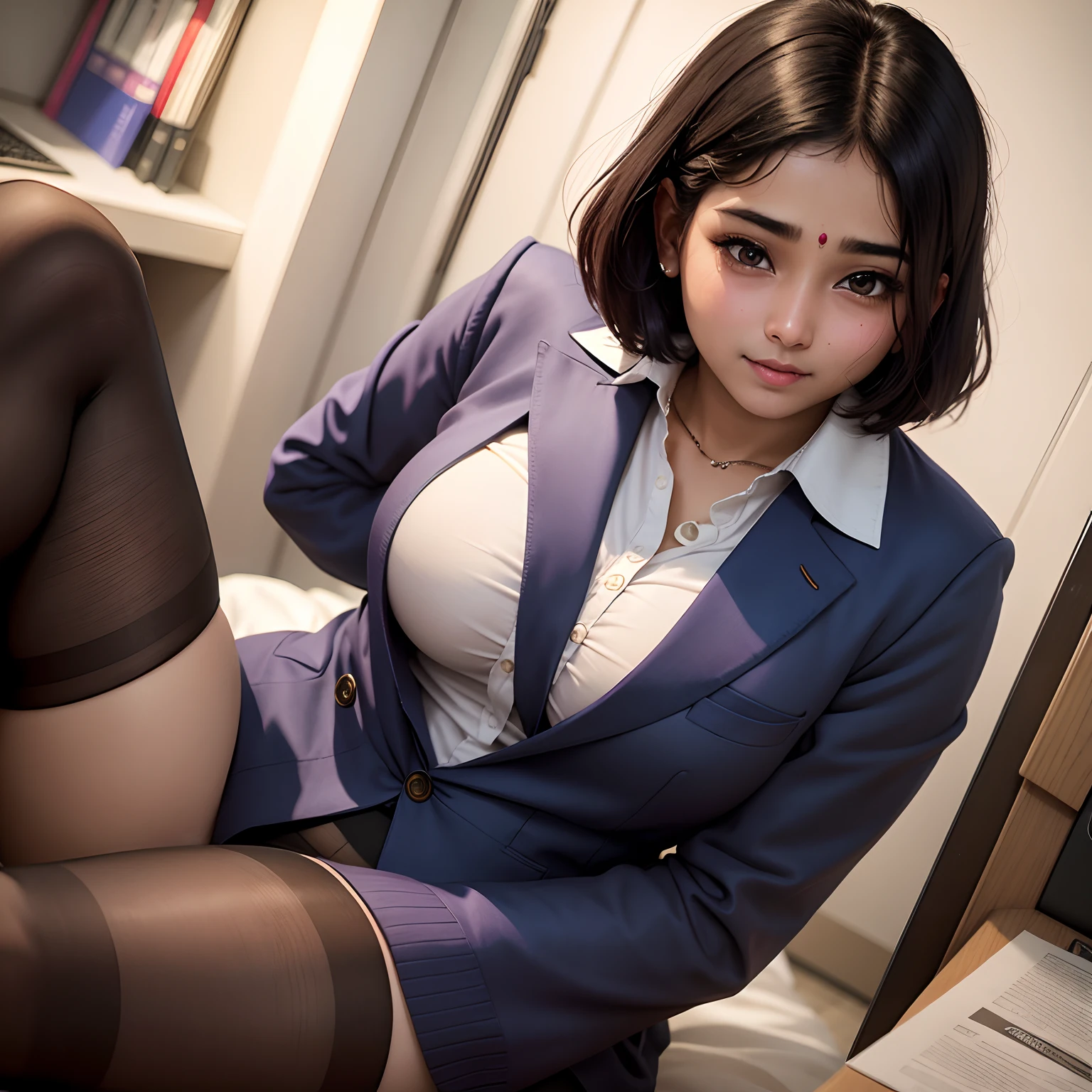 Indian woman、20yr old、Human skin feel、Realistic Woman、OL、Wear a suit、Stockings、ty、s Office、Solo Shot、short-cut、Blushing cheeks、embarassed expression、