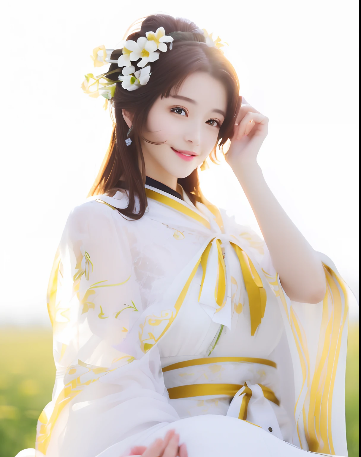 A smile、Flowers in the hair、Woman in white dress, Being in the field