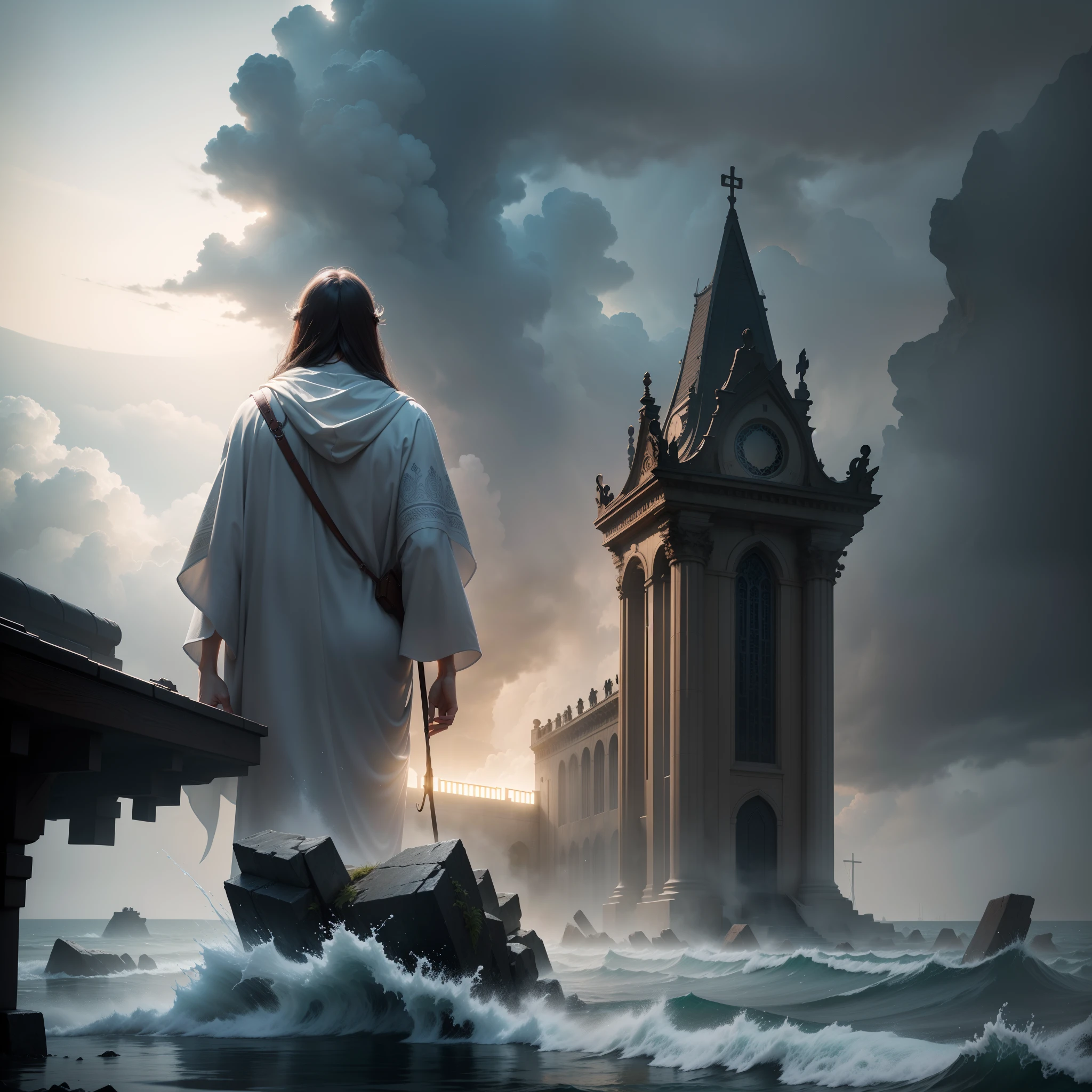 In the storm，Enter the last minute， Jesus walked on the water，Very delicate CG unit 8k wallpaper，Masterpiece level quality，high high quality，Multi-detail presentation，Realistic graphics，Dynamic light and shadow effects，gorgeous color，Leadership in artistic creation，Intricate design with streamlined shapes，Dramatic atmosphere，The light of art on a legendary journey，Leading the trend of volumetric lighting。