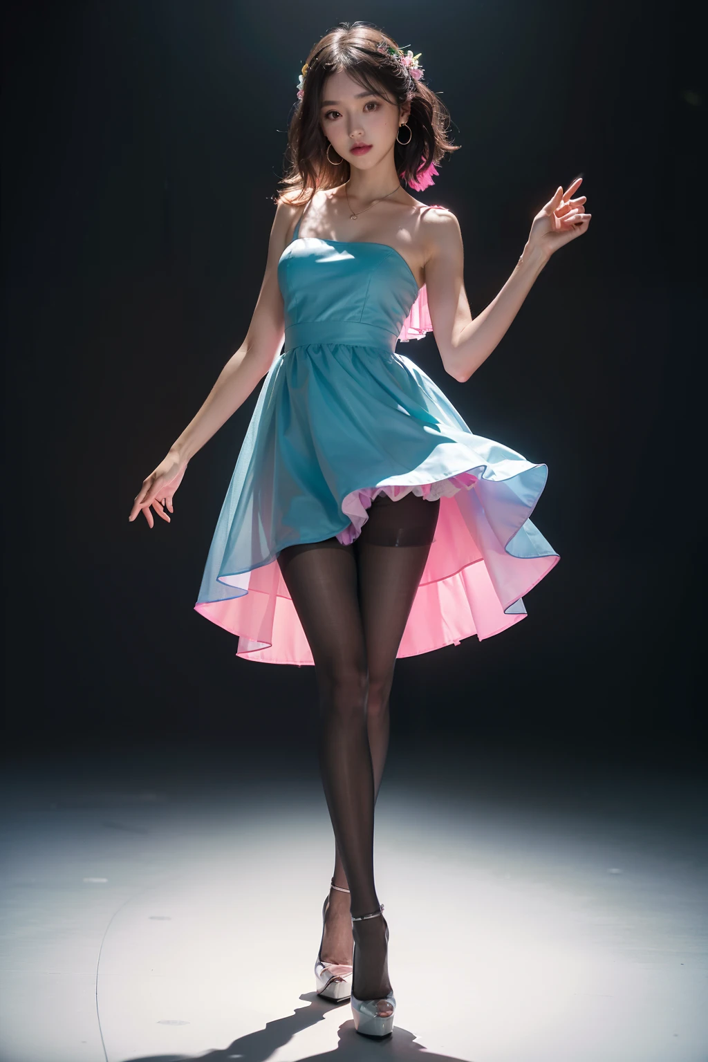 (full body:1.5),(looking at viewer:1.4), (Wearing Pantyhose, high heels, and daily outfits:1.2), (Dancing in a glass container:1.2),(In pink|amarelo|blue colors|green color|red colour|white colors|black in color|purpleish color|greys|Beige|Flesh color 1.4),(Accurate and perfect face:1.4),A shallow laugh,,hyper HD, Ray traching, reflective light,structurally correct, Award-Awarded, high detal, lightand shade contrast, Face lighting,cinmatic lighting, tmasterpiece, super detailing, high high quality, high detal, best qualityer, 16k,high contrast,