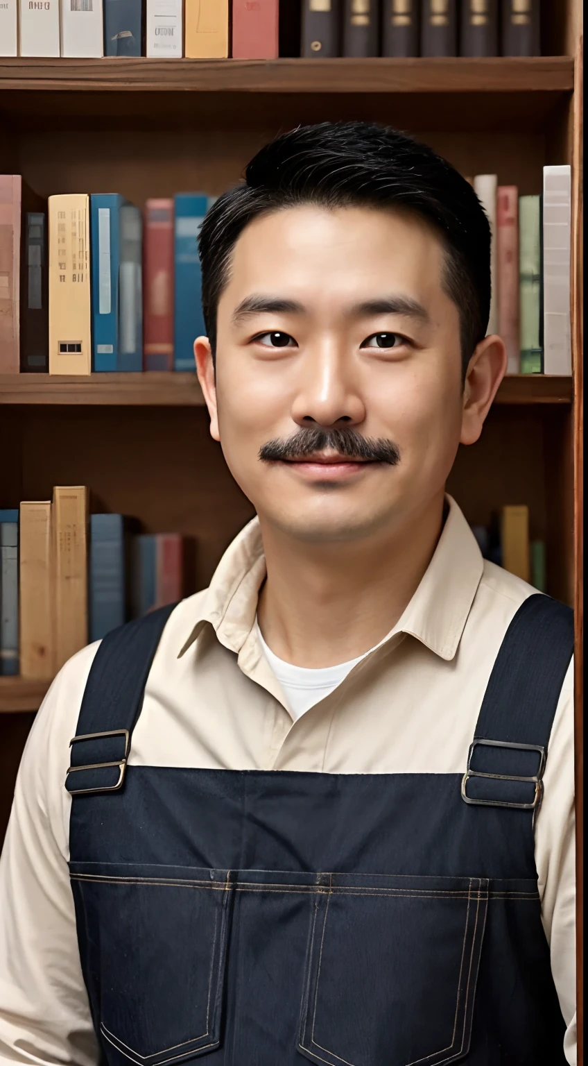 asian man，40-year-old carpenter,Grow a mustache,Wearing brown overalls,Behind it is a half-finished wooden bookshelf on the wall。