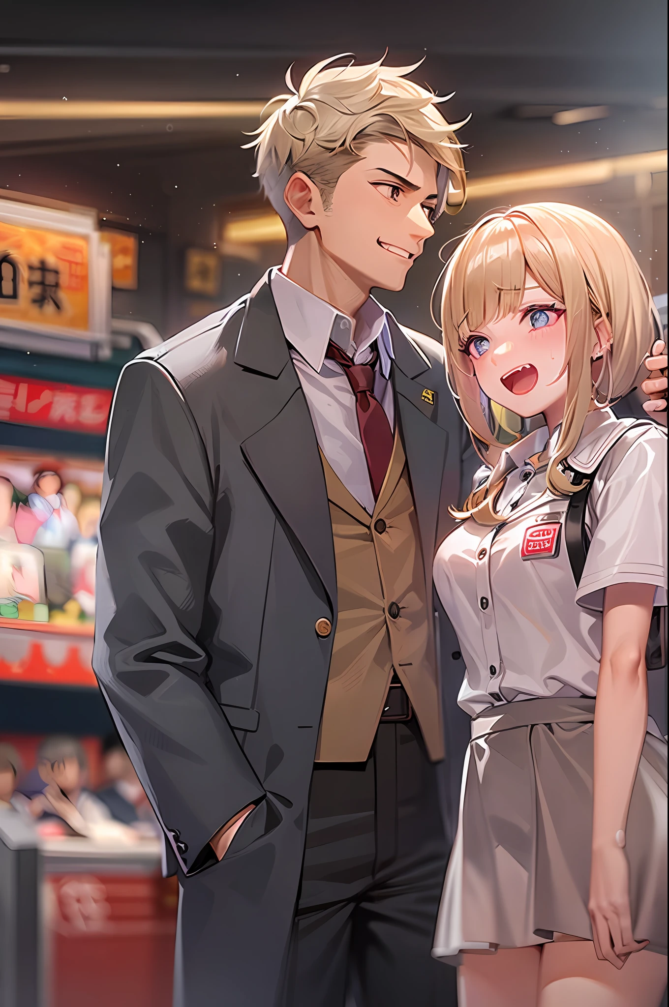 A girl in a blonde shorthair uniform standing in front of a game center、Standing with a man in a blazer。Their expressions convey deep emotion.、Forget the hustle and bustle around and concentrate on each other。The girl had a mixture of nervousness and anticipation.、While clutching the game ticket in his hand、Enjoying the moment when you decide which game to choose next。Man stands beside a girl、She has a supportive gentle smile on her face。A strong bond is felt between them.、Disconnected from the hustle and bustle of the arcade、They seem to be enjoying special moments together.。
