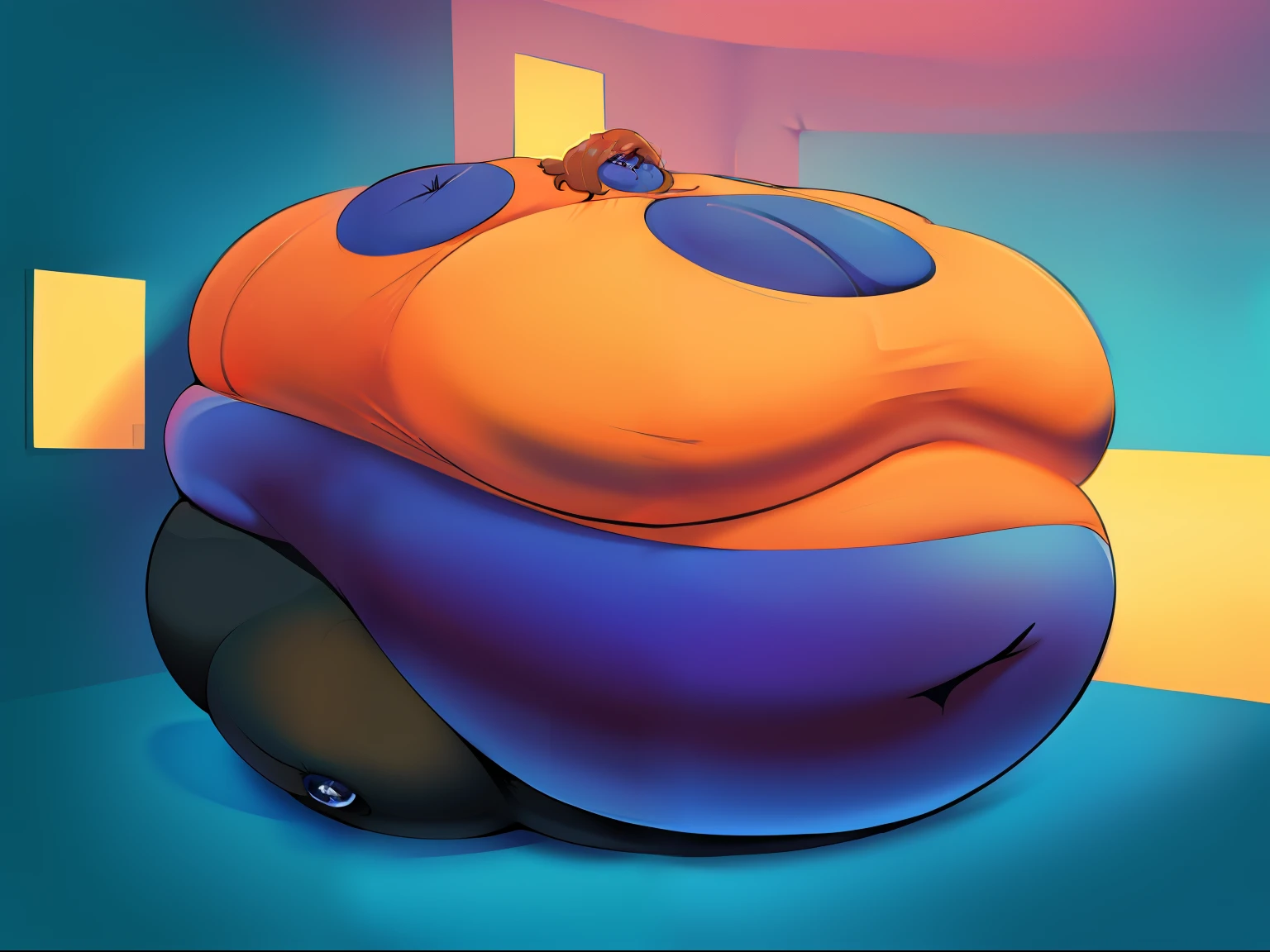 ((masterpiece, best quality)),(complex light), solo, solo focus, 1girl, orange shirt, black pants, long brown hair, skinny, cartoony, room, spherical inflation, full body inflation, blueberry inflation