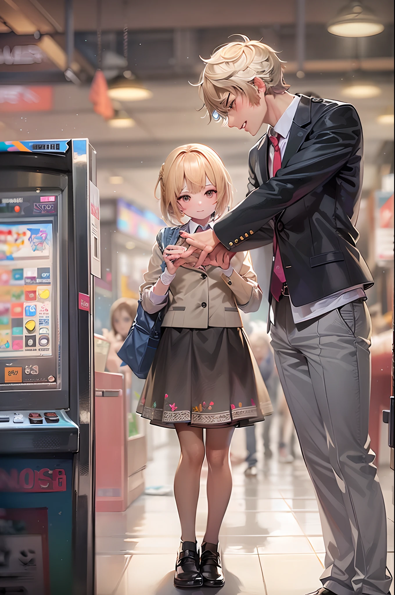 A girl in a blonde shorthair uniform standing in front of a game center、Standing with a man in a blazer。Their expressions convey deep emotion.、Forget the hustle and bustle around and concentrate on each other。The girl had a mixture of nervousness and anticipation.、While clutching the game ticket in his hand、Enjoying the moment when you decide which game to choose next。Man stands beside a girl、She has a supportive gentle smile on her face。A strong bond is felt between them.、Disconnected from the hustle and bustle of the arcade、They seem to be enjoying special moments together.。
