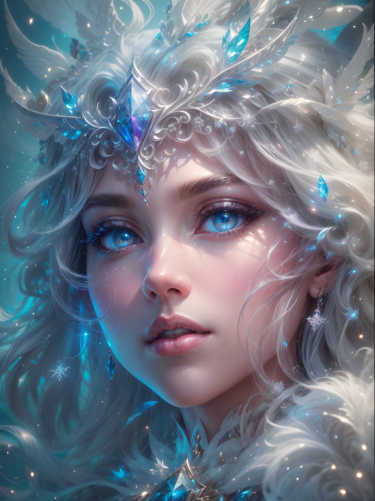 Generate a pretty and realistic fantasy artwork with bold jewel-toned hues, pretty glitter and shimmer, and lots of snowflakes. Generate a luminous and petite woman with curly hair, metallic hair, and realistically textured hair. Her skin is pure white and seems to glow in the light. The woman's face is important: include (((soft, puffy lips))), elegant features, and the (((most beautiful detailed macro eyes))) in the world. The woman is in a winter landscape with soft falling snow and snowflakes, soft white fur, subtle iridescent details, subtle phantasmal iridescent details, and intricate and delicate jewelry that glimmers in the light. Include many small fantasy details like gossamer silk, feathers, delicate and stunning embroidery, and luminous lighting that glimmers. The woman's face is unobscured by details and her eyes are sharp and in high resolution. Incorporate dreamy colors, dynamic lighting, and detailed background elements to create a sense of awe and immersion. Include colorful flying magical birds and jewel-toned butterflies radiating a magical aura. Consider the latest trends in fantasy art, such as incorporating unique lighting effects, exploring dynamic and compelling composition techniques, and experimenting with unique color palettes. Take inspiration from the top artists on ArtStation and Midjourney. Camera: Choose an angle that highlights the character's beauty and enhances the magical majesty of the artwork. Lighting: Utilize atmospheric lighting techniques to create depth and mood. Resolution: Aim for a high-resolution artwork to showcase intricate details and clarity. Art Inspirations: Seek inspiration from the trending artists on ArtStation, exploring different styles, genres, and themes. white skin, pale skin, really pale skin, really white skin, beautiful eyes, fantasy details, shimmer, glimmer, magical birds, magical butterflies, ornate, (((masterpiece))), add_detail:1, earth \(planet\),