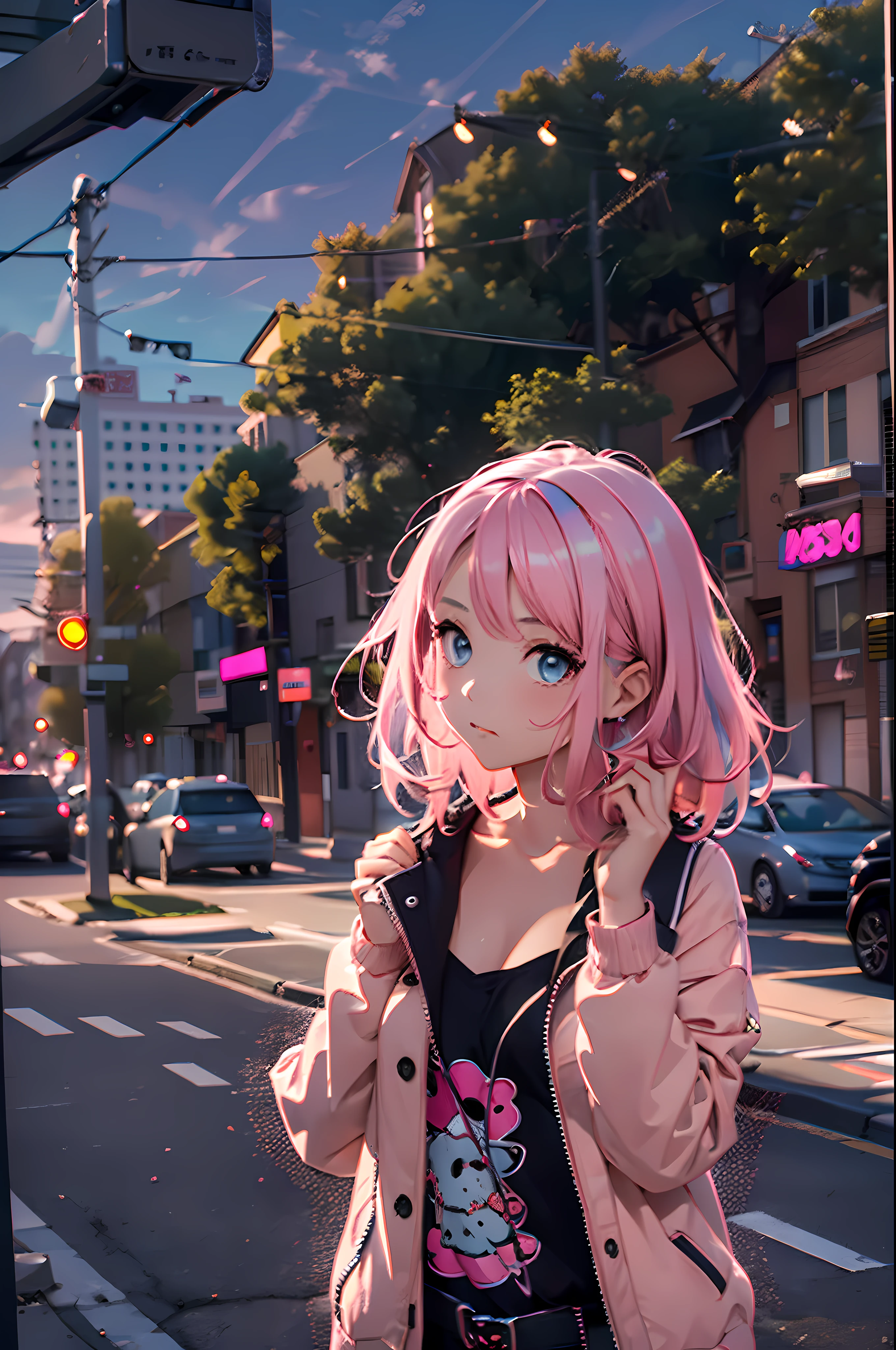 1girl, pink hair, wearing black jacket, street, looking at viewer, talking to the viewer, vivid, vibrant colors, the sky at about 7 pm in the summer when it was a little darker --ar 2:3