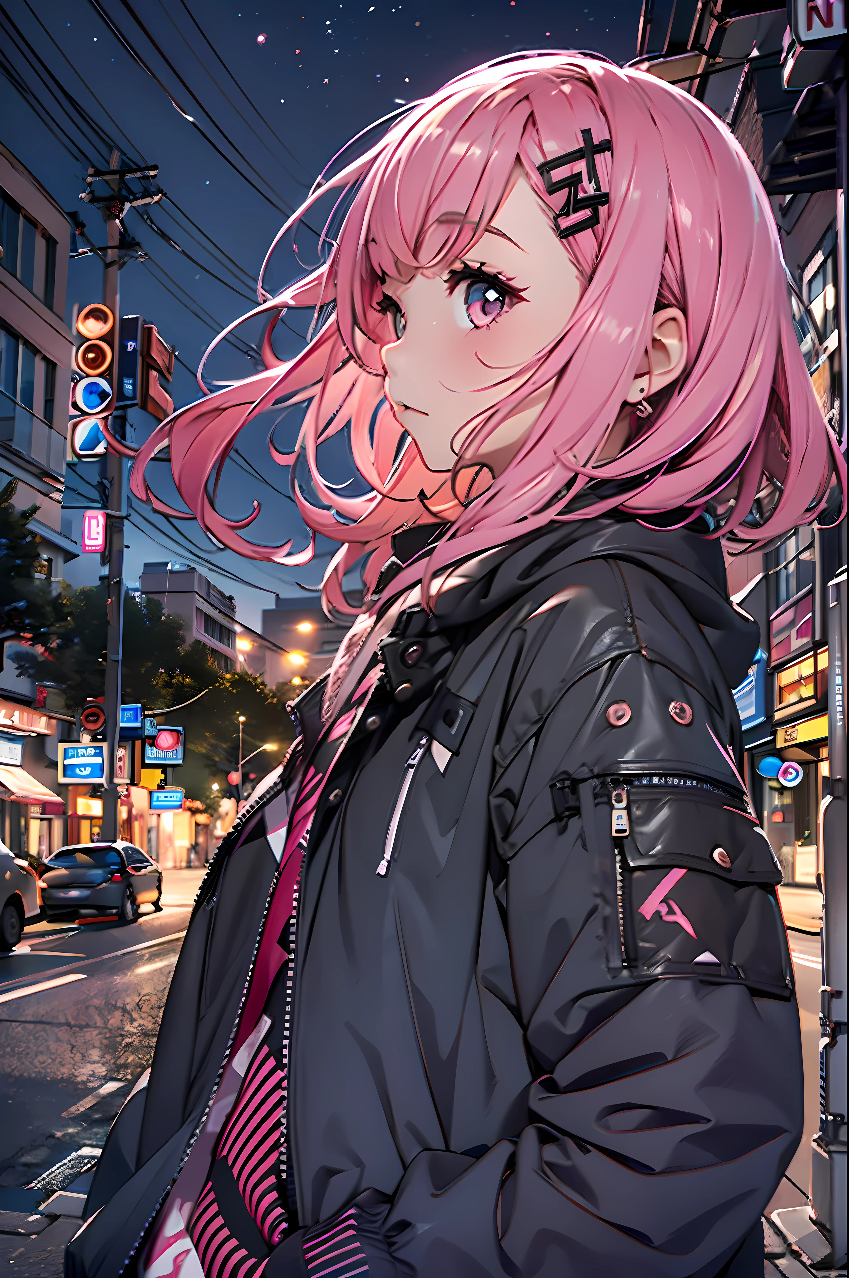 1girl, pink hair, wearing black jacket, street, looking at viewer, talking to the viewer, vivid, vibrant colors, the sky at about 7 pm in the summer when it was a little darker --ar 2:3