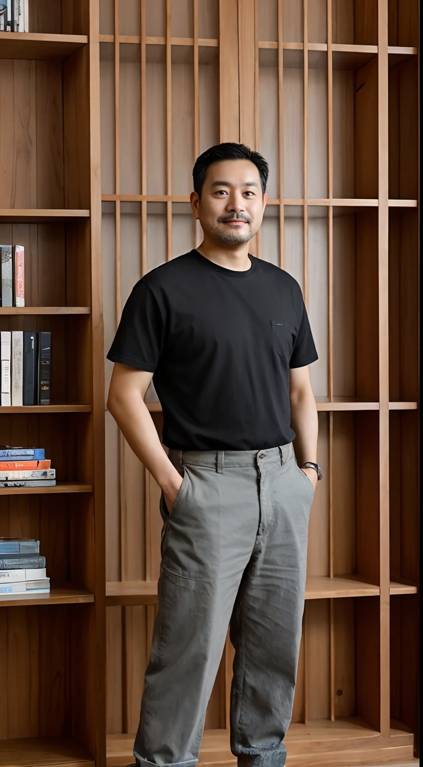 asian man，aged 40，a carpenter,Grow a beard,Wearing brown overalls,Behind are half-finished wooden bookshelves on the wall。