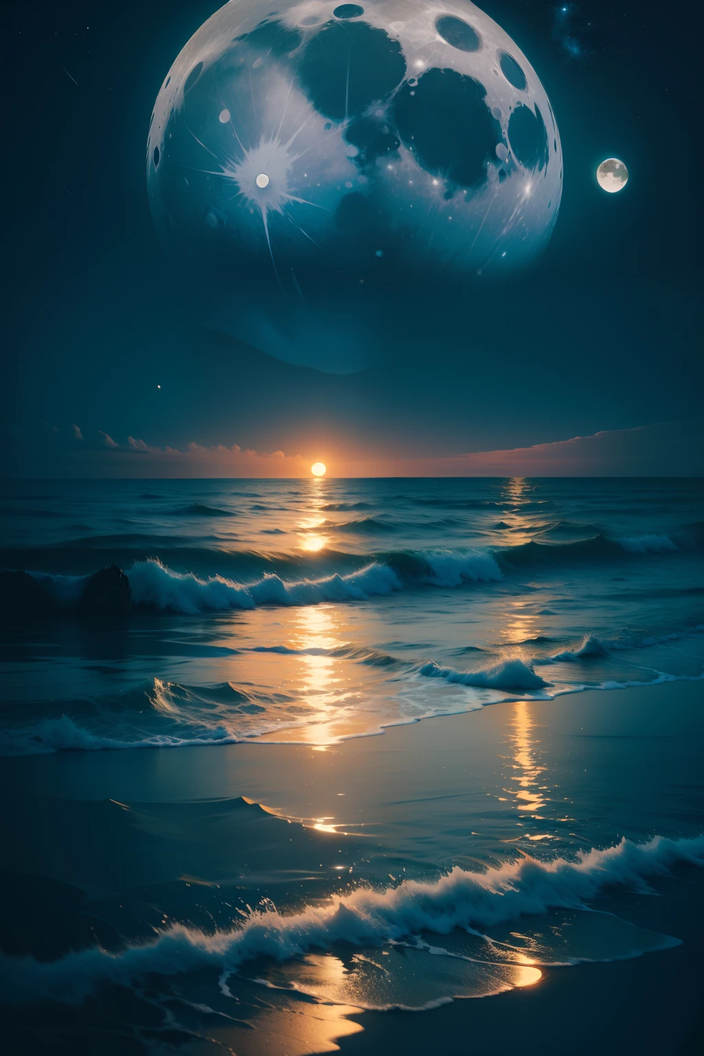 The moon illuminating the sea on a mysterious night with reflection in the water
