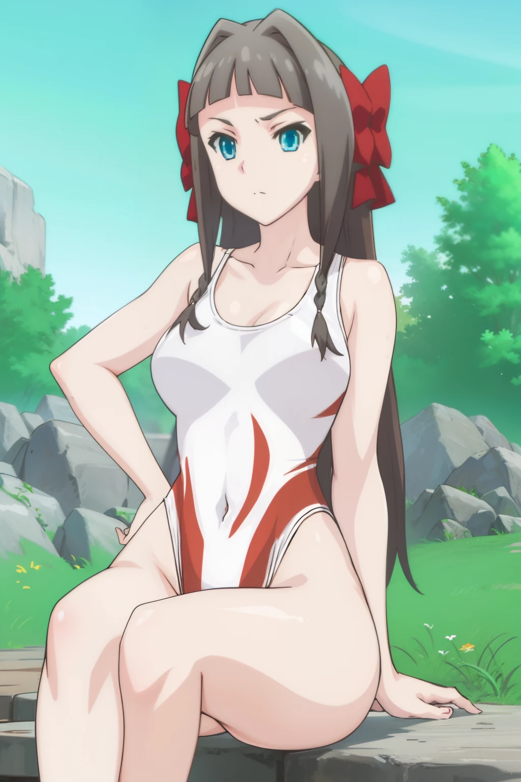 mondaijiasuka, competition swimsuit, red hair bow, brown hair, long hair, bangs, braid, blue eyes, , full body, solo, 1girl, outdoors mondaiji-asuka-nai (NSFW)