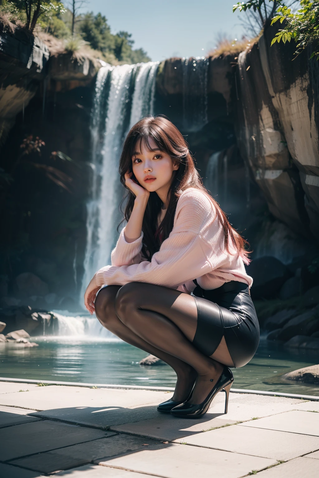 (full body:1.5)，(looking at viewer:1.4)， (Wearing Pantyhose, high heels, and daily outfits:1.2), (Squat down in front of the waterfall:1.2),(In pink|amarelo|blue colors|green color|red colour|white colors|black in color|purpleish color|greys|Beige|Flesh color 1.4)，(Accurate and perfect face:1.4),A shallow laugh,,hyper HD, Ray traching, reflective light，structurally correct, Award-Awarded, high detal, lightand shade contrast, Face lighting，cinmatic lighting, tmasterpiece, super detailing, high high quality, high detal, best qualityer, 16k，high contrast,