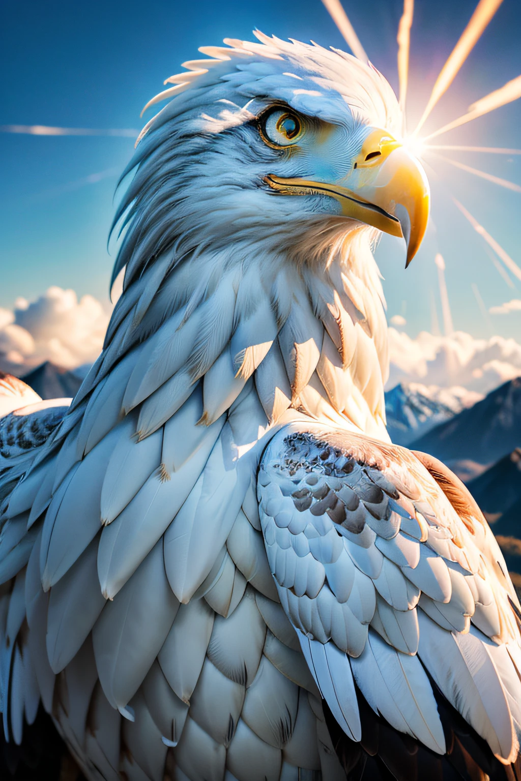 Woman with white wings, ((close up eagle)), long dress detailed, ((bloom)), (masterpiece), (mindfully colorful), divine rays, (ultra high quality), (8K quality ), depth of field, bursts of wind, ((soft detail)), dark style, ((ray tracing effect)), (realistic: 1.3), (sharpened), mountain, multi layers, high gloss, detailed flare, (body curved), DLSR, 8K UHD, (sun glare), detailed ambient lighting, glitters, intense sun, sunny day, clouds