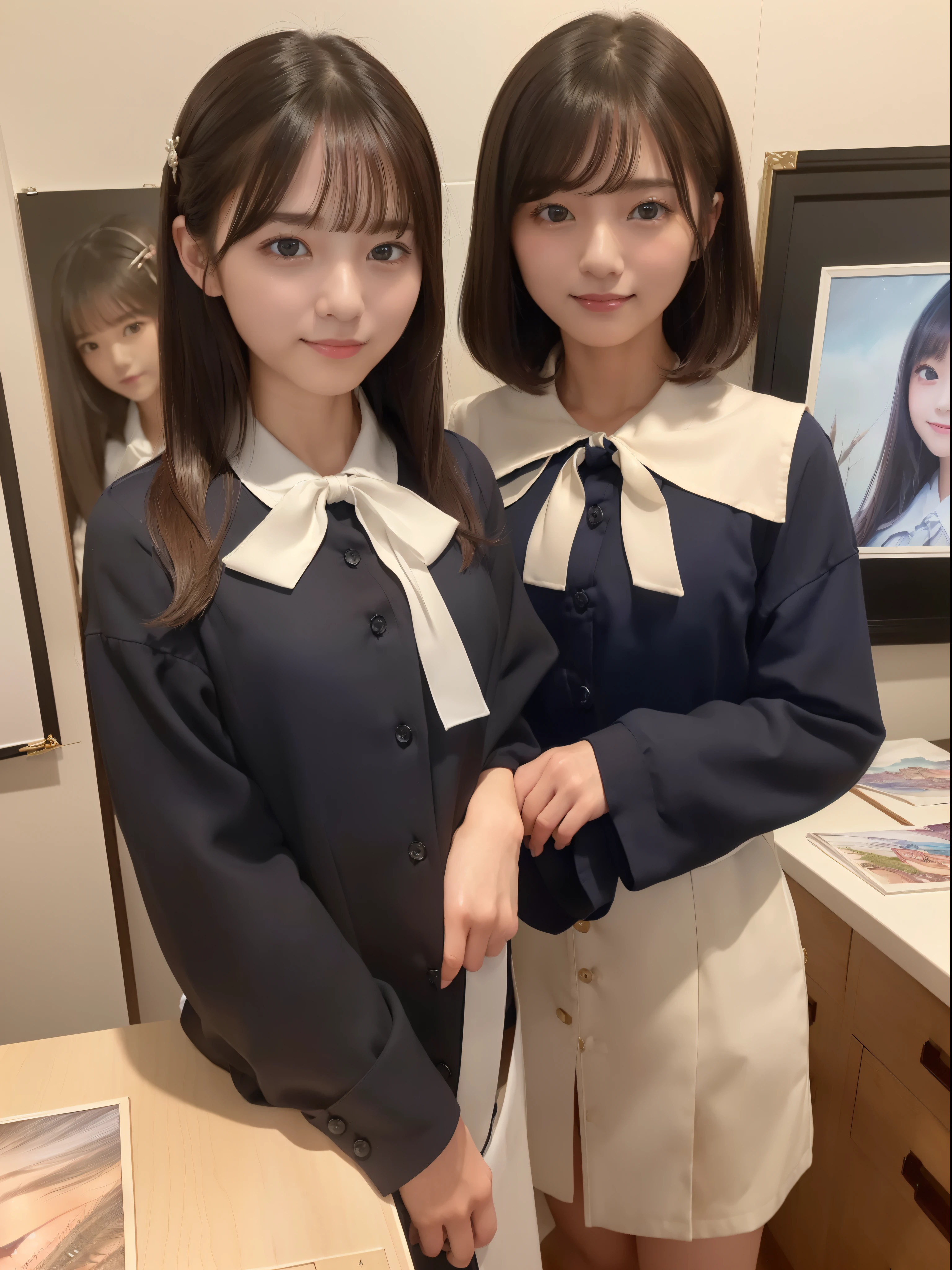 (8K、top-quality、​masterpiece:1.2)、(realisitic、Photorealsitic:1.37)、ultra-detailliert、1womanl、 20yr old、独奏、((Beautiful ribbons))、(((A dark-haired)))、(a smile:1.15)、beautiful finely detailed eyes、(shirt with collar:1.1)、business clothes、(short-hair:1.2)、 (((Art Room)))、 picture frame