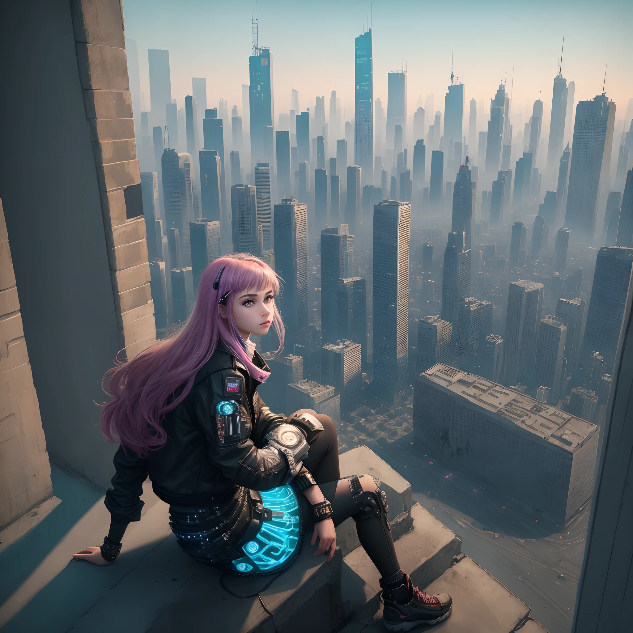 Cyberpunk style,s girl,adolable,Dress handsomely,The rooftops overlook the city
