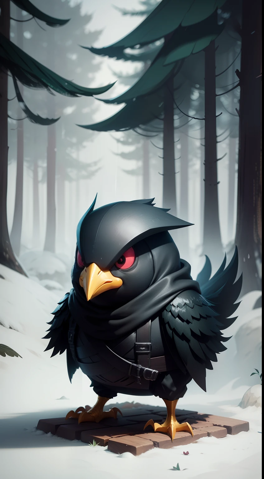 Create a vibrant dark fantasy cute ninja chicken in a clean-lined minimalistic cartoon style, in the background a beautiful forest, rain, octane render, 8k