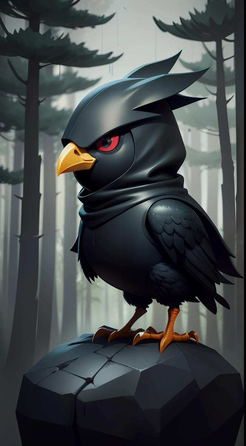 Create a vibrant dark fantasy cute ninja chicken in a clean-lined minimalistic cartoon style, in the background a beautiful forest, rain, octane render, 8k