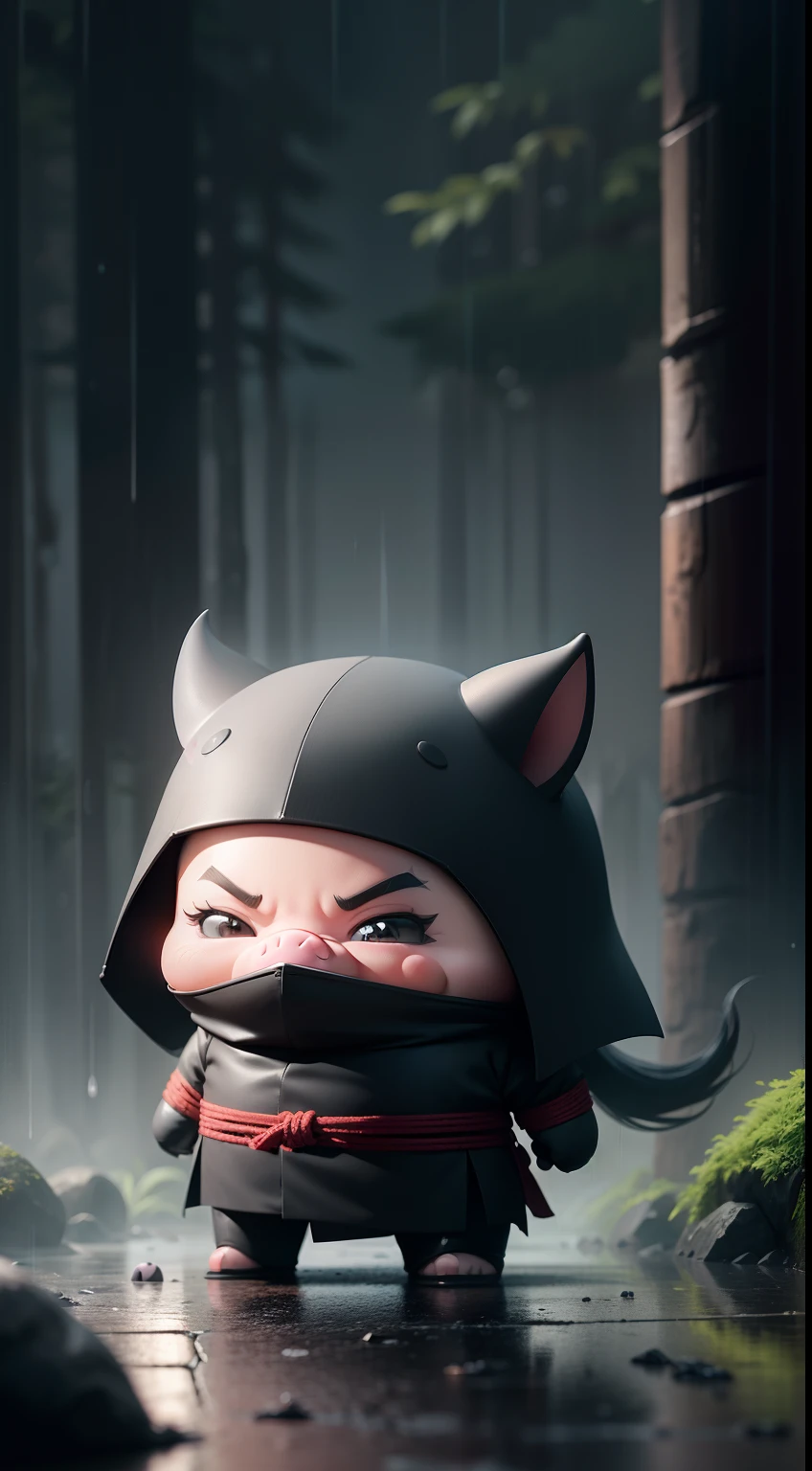 Create a vibrant dark fantasy cute ninja pig in a clean-lined minimalistic cartoon style, in the background a beautiful forest, rain, octane render, 8k