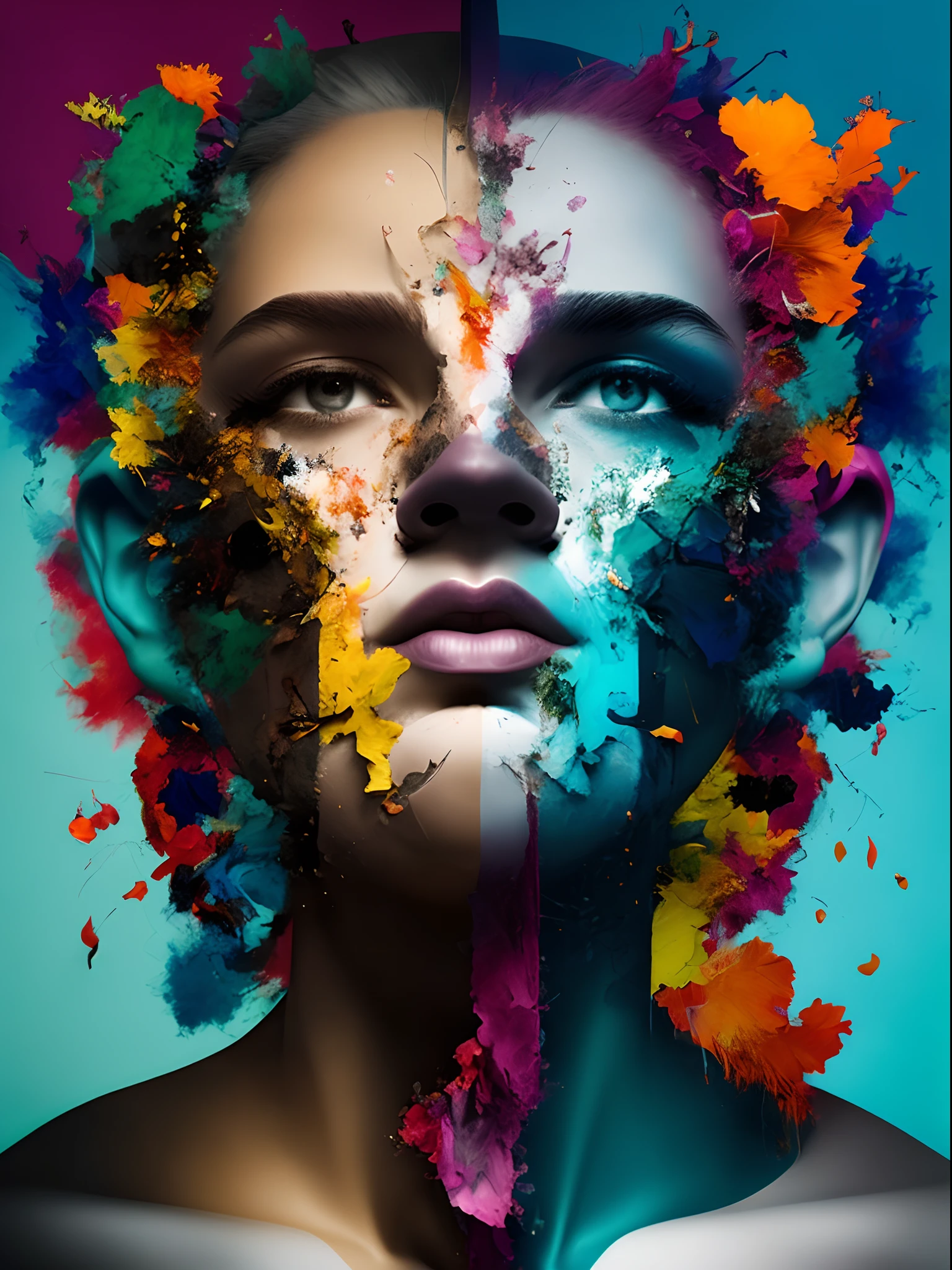 Imagen centrada que explora la dualidad de la naturaleza humana al representar una figura que se desintegra en una variedad de formas y colores contrastantes., convey a sense of inner conflict.