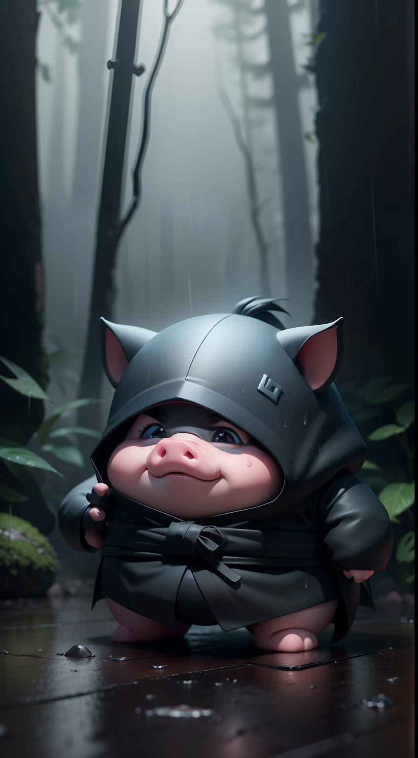 Create a vibrant dark fantasy cute ninja pig in a clean-lined minimalistic cartoon style, in the background a beautiful forest, rain, octane render, 8k