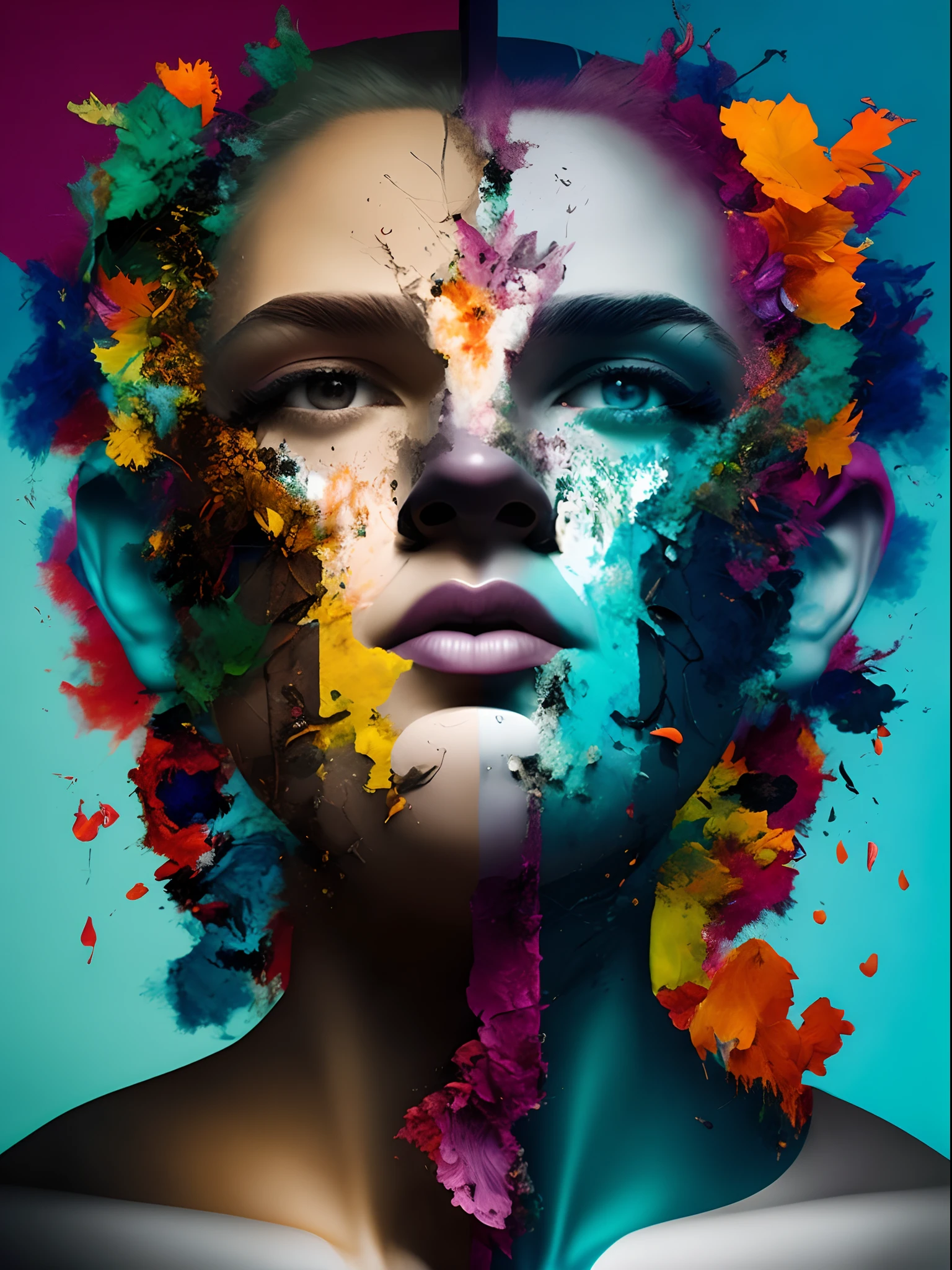 Imagen centrada que explora la dualidad de la naturaleza humana al representar una figura que se desintegra en una variedad de formas y colores contrastantes., convey a sense of inner conflict.