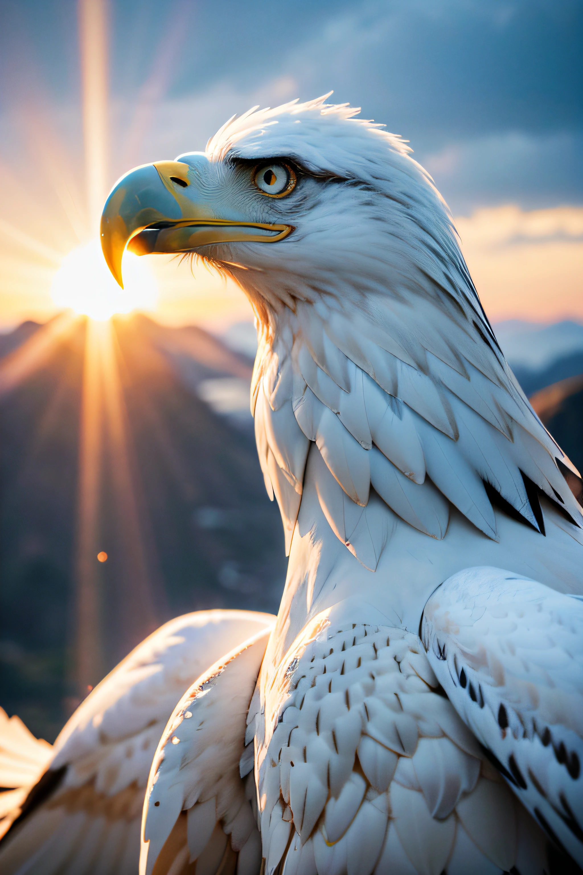 Woman with white wings, ((close up eagle)), long dress detailed, ((bloom)), (masterpiece), (mindfully colorful), divine rays, (ultra high quality), (8K quality ), depth of field, bursts of wind, ((soft detail)), dark style, ((ray tracing effect)), (realistic: 1.3), (sharpened), mountain, multi layers, high gloss, detailed flare, (body curved), DLSR, 8K UHD, (sun glare), detailed ambient lighting, glitters, intense sun, sunny day, clouds