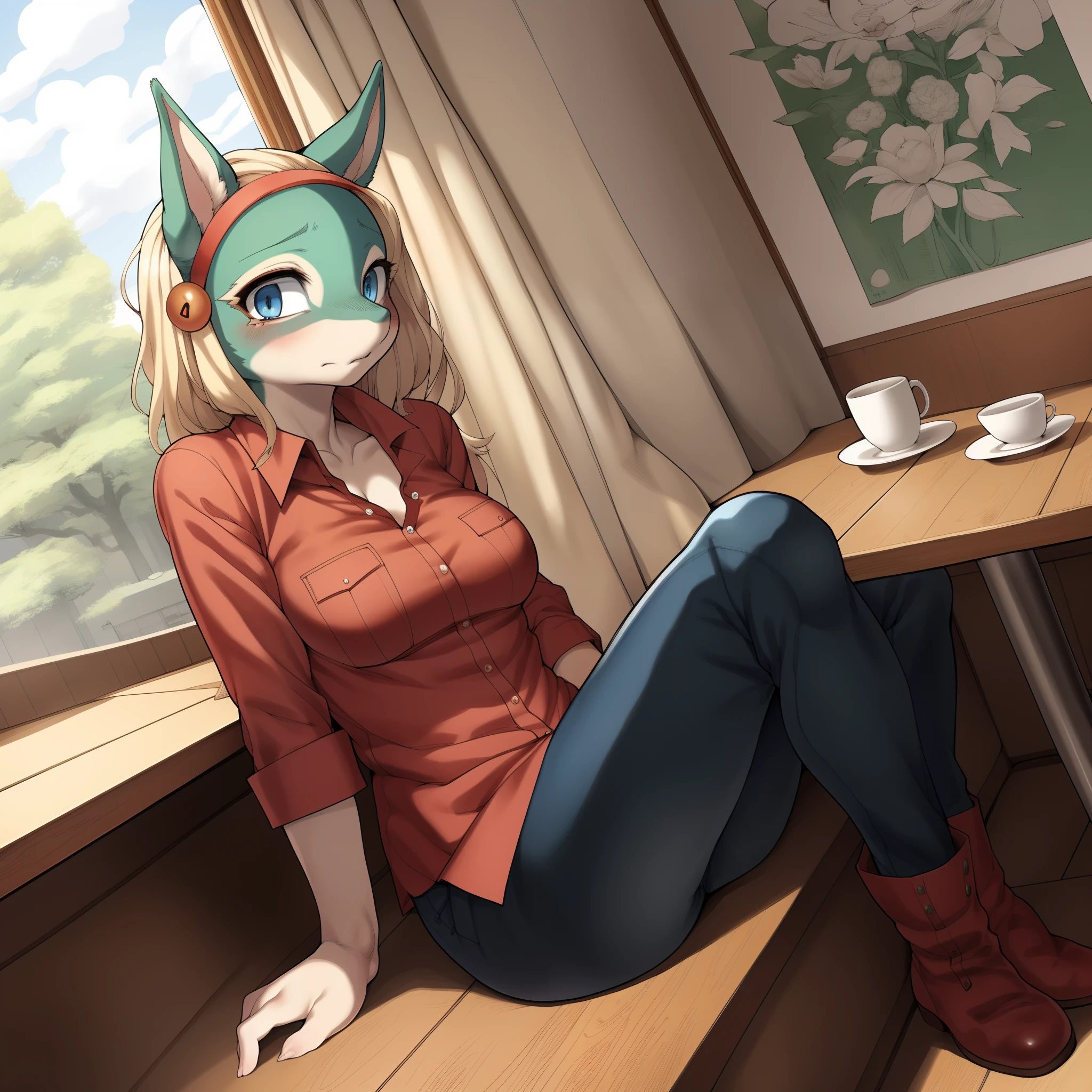 Ippan_josei, by gudlmok99, by sleepiness18, by kikurage, full body shot, sitting at a Japanese cafe, alone, looking down, looking sad, eyes half open, by a window, other characters in background, (wearing red button up shirt):1.1, Blue skinny jeans, blue eyes, clearly drawn eyes, good anatomy, white and red boots, sitting at a booth, high resolution, high quality