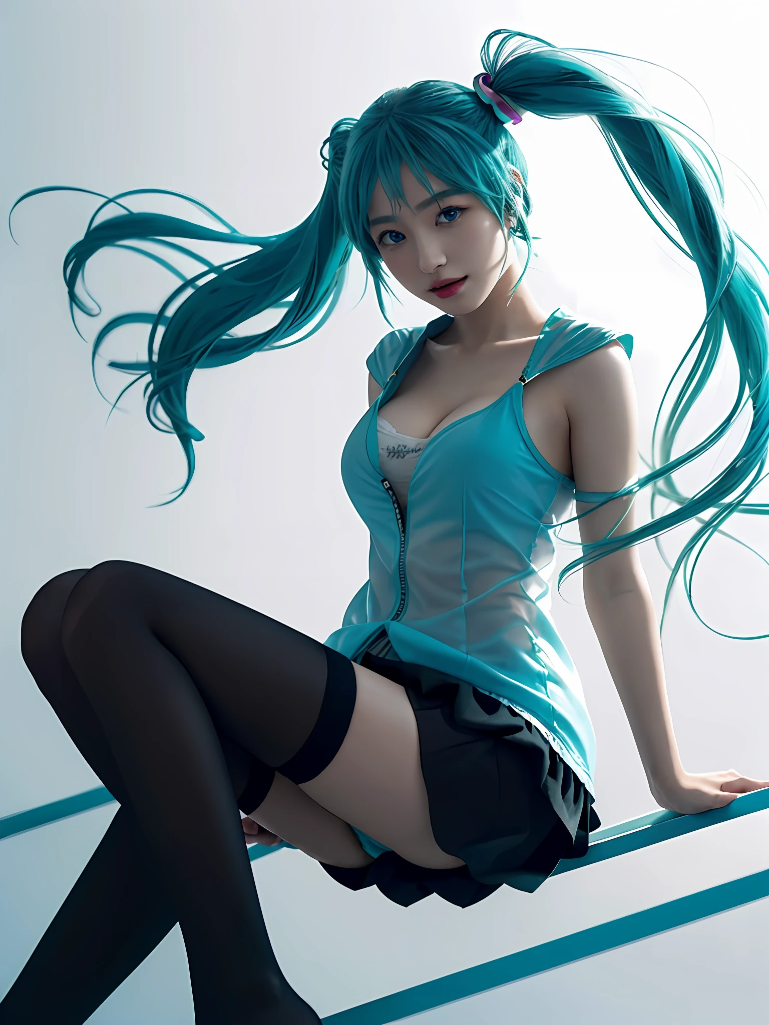 (One lady)、(tmasterpiece)、(best qualtiy)、(ultra - detailed)、(a high chroma)、(CG illustration)、hight contrast、((low angles))、vocaloid、((miku hatsune))、(Fine and beautiful eyes)、Delicate beautiful face、((Flowing hair))、(( Gundam armor))、see through shirt、(Black stockings)、((B cup breasts))、((teaxs)) 、The best lighting、spread their legs、Floating inside、simple background