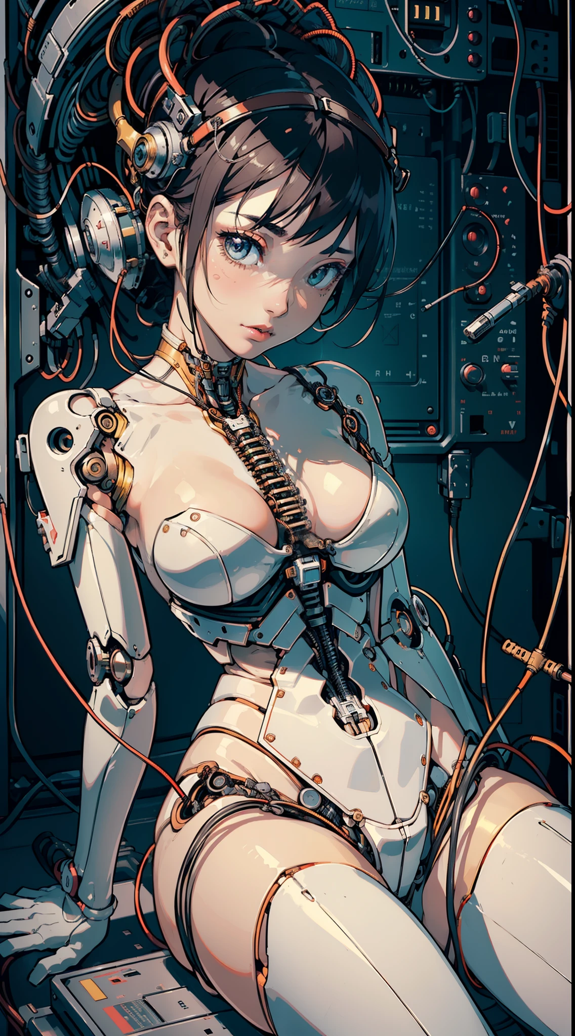 (((Masterpiece))), ((((Best quality)))), (((Ultra-detailed))), (CG illustration), ((Extremely delicate and beautiful)),(Cute and delicate face),Cinematic light,((1 mechanical girl)),Solo,full bodyesbian,(machine made joints:1.4),((Mechanical limb)),(Blood vessel attached to tube),((The mechanical vertebrae are attached to the back)), ((A mechanical cervical vertebrae attached to the neck)),((Seated)),face expressionless,(Wires and cables attached to the head and body:1.5),(Character focus),sci-fy,looks into camera,Black color hair,Black and white style,cleavage,Robotic arm