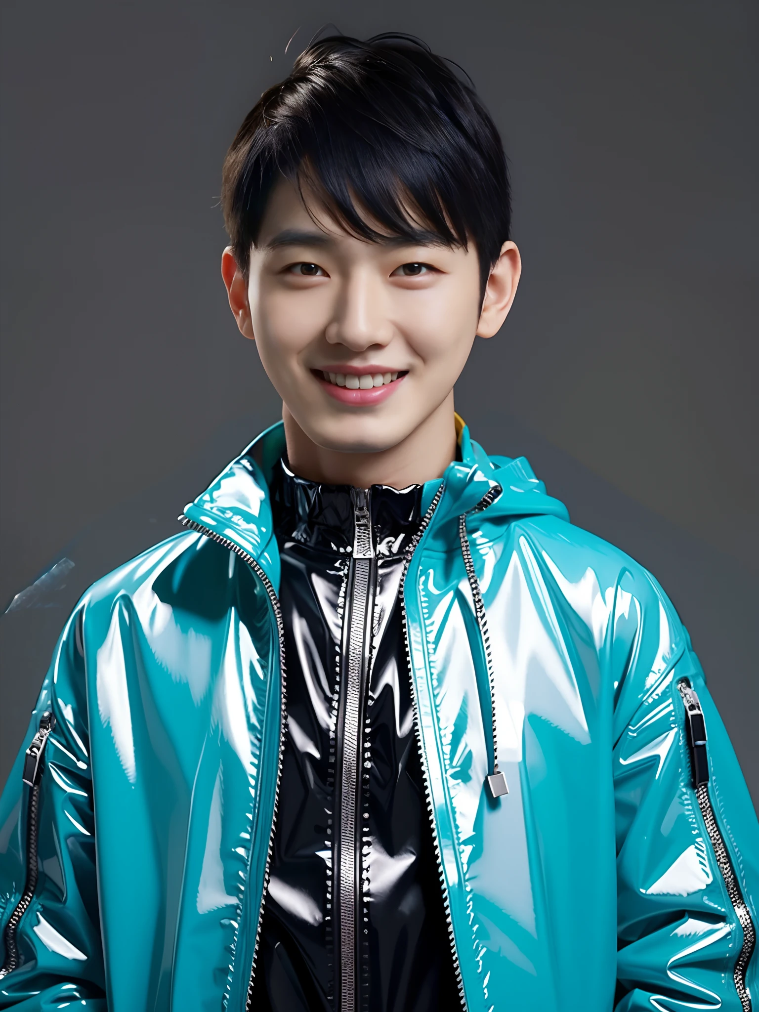 1boys，high high quality，Wear a PVC Tiffany blue jacket，Zippered hood，cyber punk perssonage，