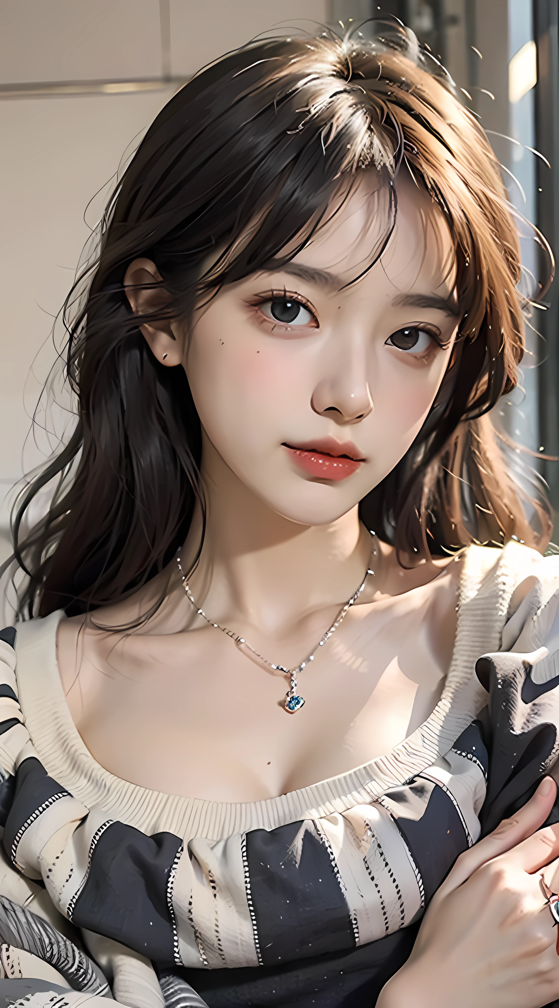 Random posture,1Girl,flirting,beautiful,lip,realisitic,a photo of_\(medium\),soio,(Masterpiece),(realisitic:1.3),The ultra-detailliert,(High Definition Skin:1.2),(Best Quality:1.0), (The ultra-Highres:1.0), (ulzzang-6500:0.3), beautiful and clear eyes, delicate necklace,sunshine, (Delicate makeup is beautiful), (Sexually aroused blush, heavy breathing,:1.0) , Mix 4, s whole body, Black dress