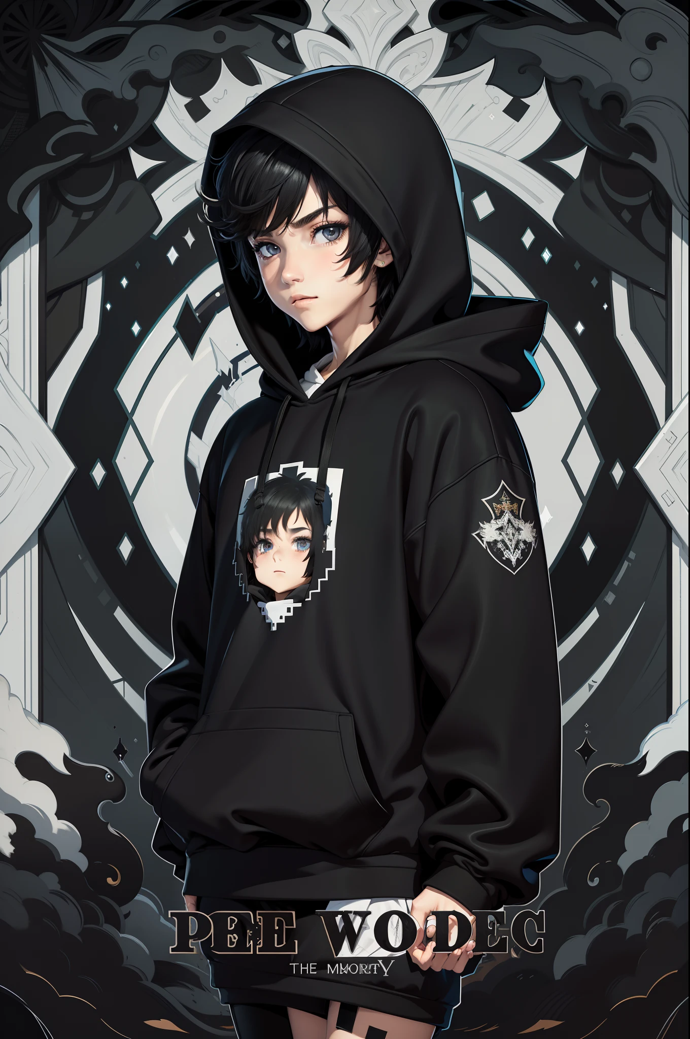 （tmasterpiece，top Quority，best qualtiy，Expressive eyes）1boys，Black hooded sweatshirt，Pixel wind，with short black hair，Dark smile