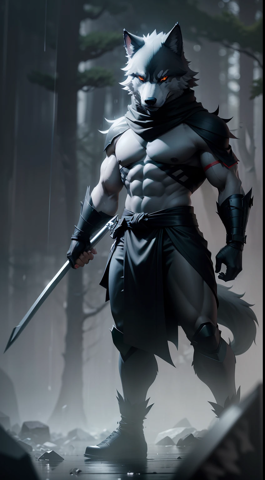 Create a vibrant dark fantasy cute ninja gray wolf in a clean-lined minimalistic cartoon style, in the background a beautiful forest, rain, octane render, 8k