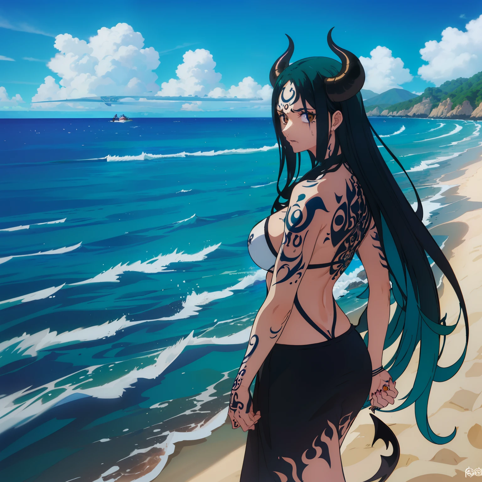 (uma garota de cabelos verdes compridos, olhos roxos e azul no esquerdo (Heterocromia), seios grandes, roupas pretas, Demonic tattoo on forehead and body, Demonic tattoo on the arm, virada de costa, tatuagem dizendo "Demon" nas costas, semi nua, beach setting)