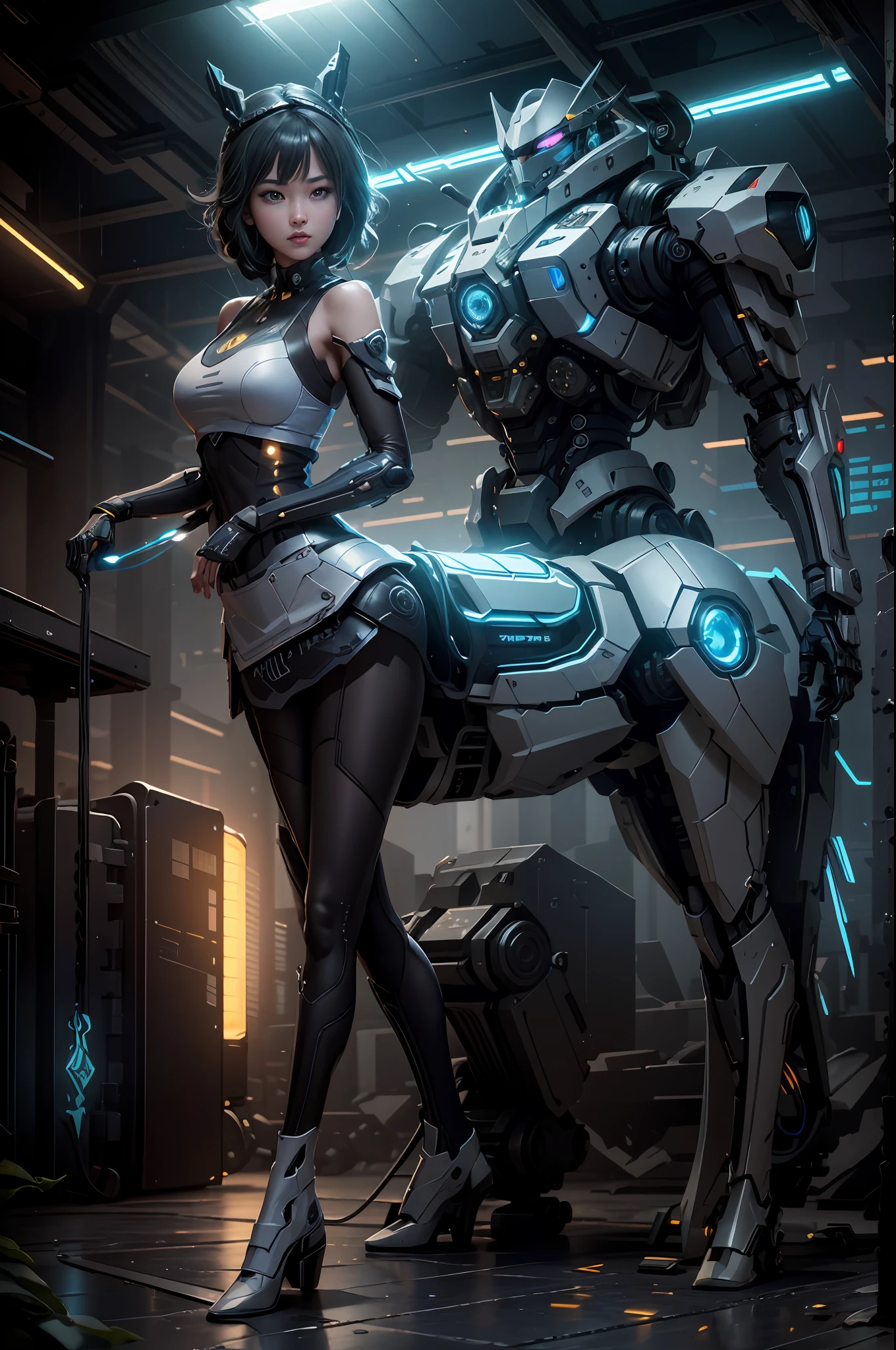 ((Best Quality)), ((Masterpiece)), (Very Detailed: 1.3), 3D, Icaru valkirie-mecha, Beautiful cyberpunk woman using crown, sci-fi technology, HDR (High Dynamic Range), ray tracing, nvidia RTX, super resolution, unreal 5, subsurface scattering, PBR texture, post-processing, anisotropic filtering, depth of field, maximum sharpness and sharpness, multi-layer texture, specular and albedo mapping, surface shading, accurate simulation of light-material interactions,  perfect proportions, octane rendering, duotone lighting, low ISO, white balance, rule of thirds, wide aperture, 8K RAW, high efficiency subpixels, subpixel convolution, light particles, light scattering, Tyndall effect, very sexy, full body, battle pose, black hair with braids,
